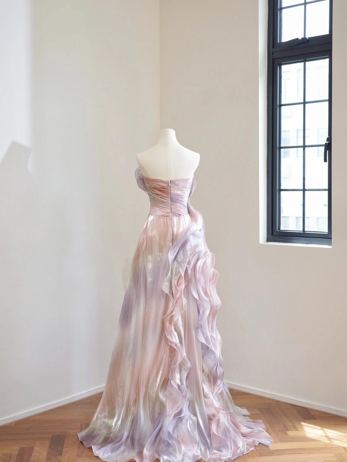 Sculptural Strapless Wave Ruffle Gown, Iridescent Pastel Ombre Organza Formal Dress, Luxury Statement Gala Custom Dress