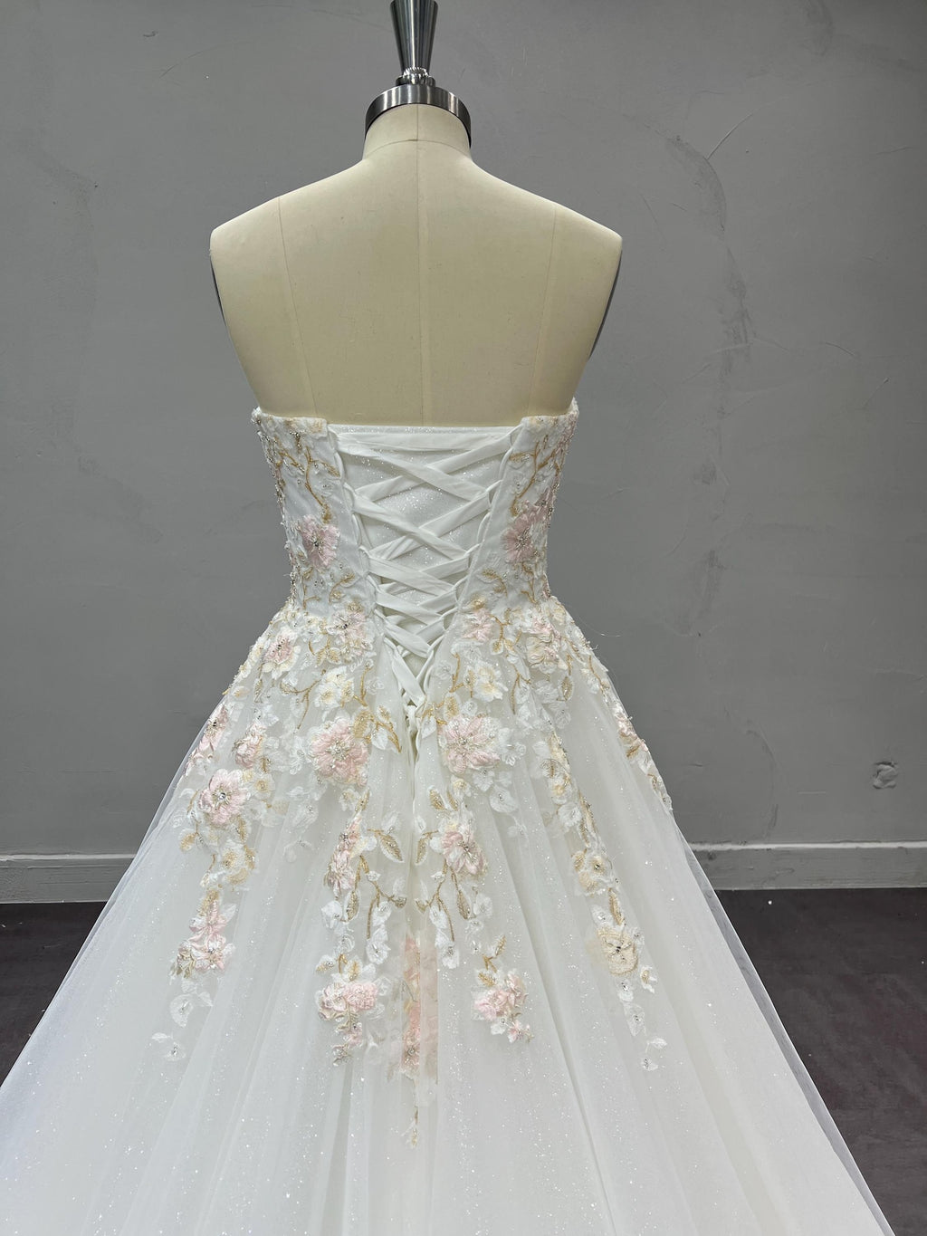 Romantic Sweetheart Neck Wedding Gown, 3D Pink Flower Appliqué A-line Dress, Sparkly Tulle Custom Bridal Gown