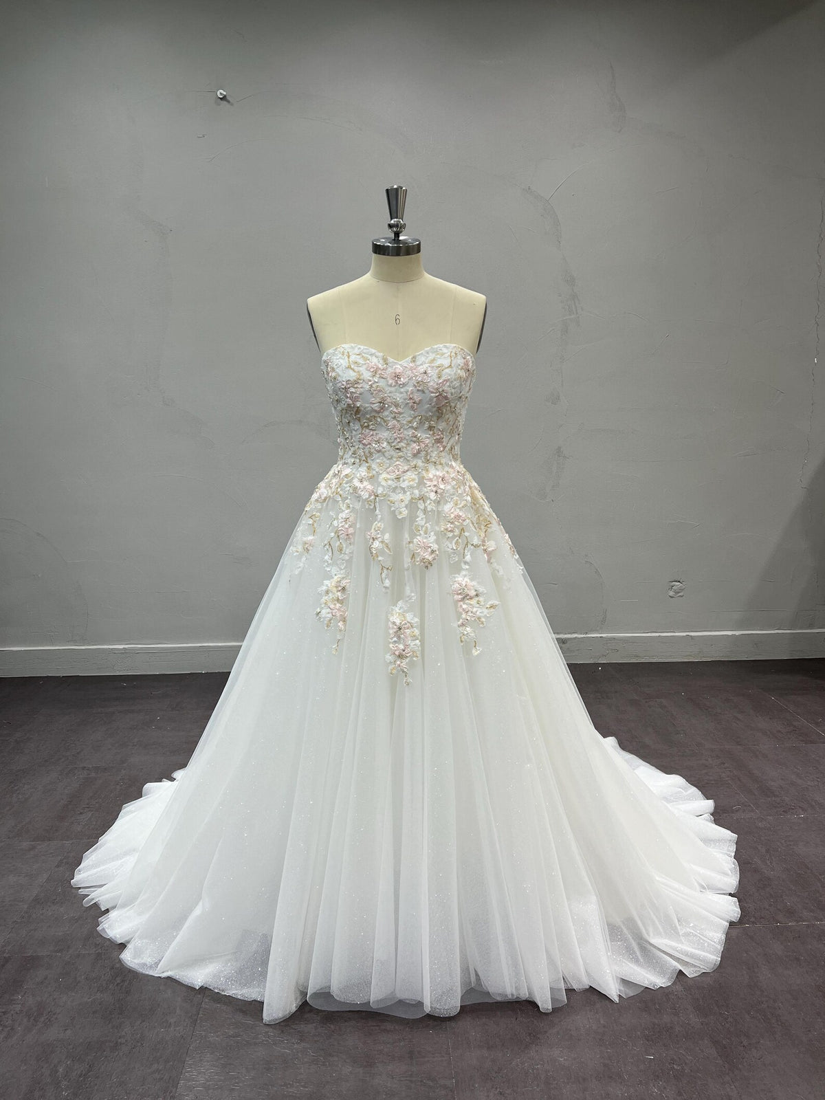 Romantic Sweetheart Neck Wedding Gown, 3D Pink Flower Appliqué A-line Dress, Sparkly Tulle Custom Bridal Gown