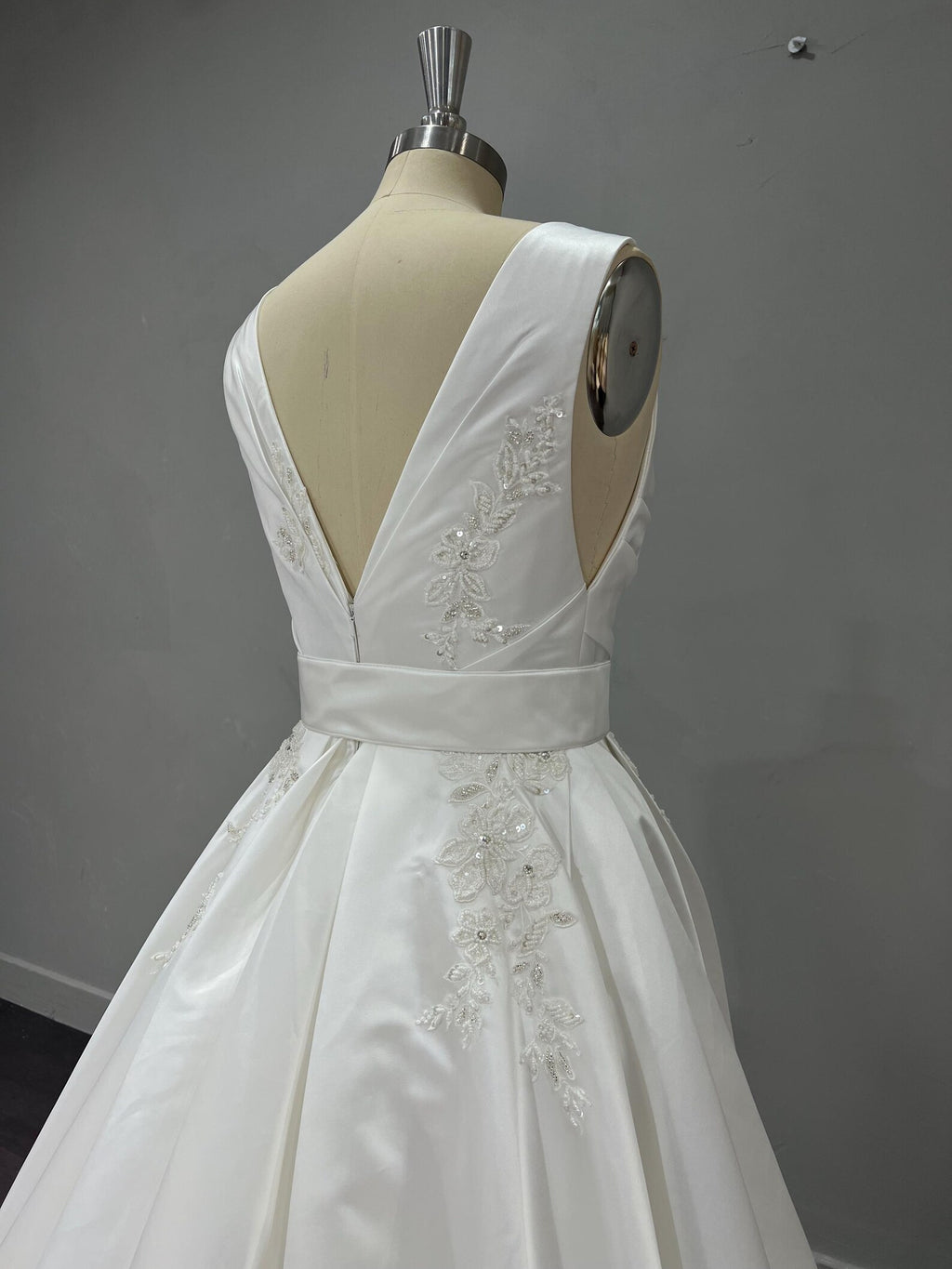 Classic V-Neck Satin Wedding Gown, Lace Embellished A-line Dress, Satin Belt Chapel Train Custom Bridal Dress