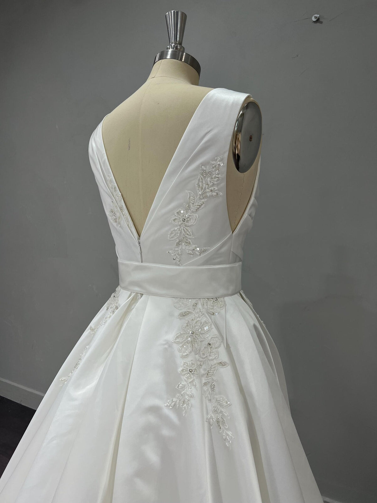 Classic V-Neck Satin Wedding Gown, Lace Embellished A-line Dress, Satin Belt Chapel Train Custom Bridal Dress