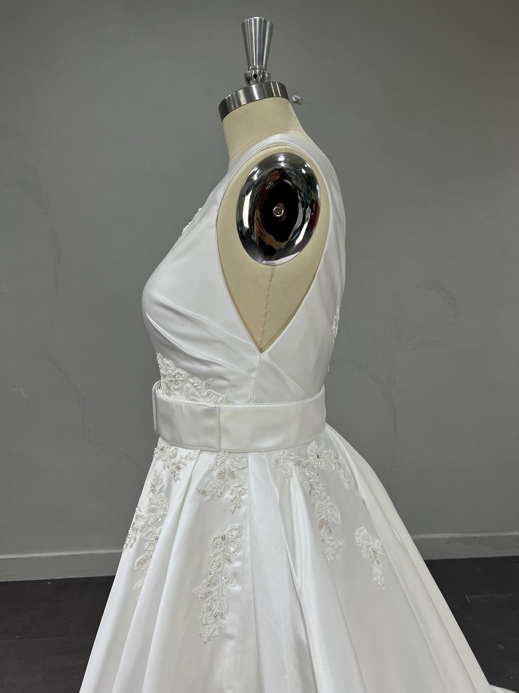 Classic V-Neck Satin Wedding Gown, Lace Embellished A-line Dress, Satin Belt Chapel Train Custom Bridal Dress
