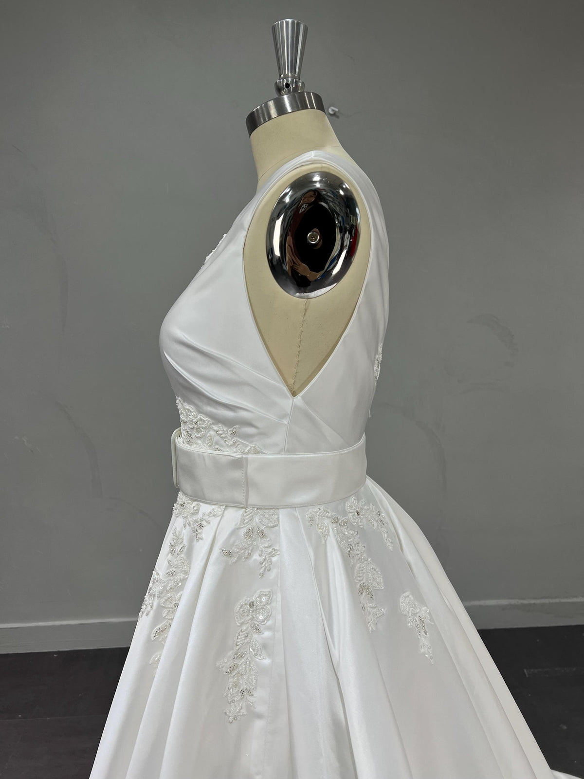 Classic V-Neck Satin Wedding Gown, Lace Embellished A-line Dress, Satin Belt Chapel Train Custom Bridal Dress