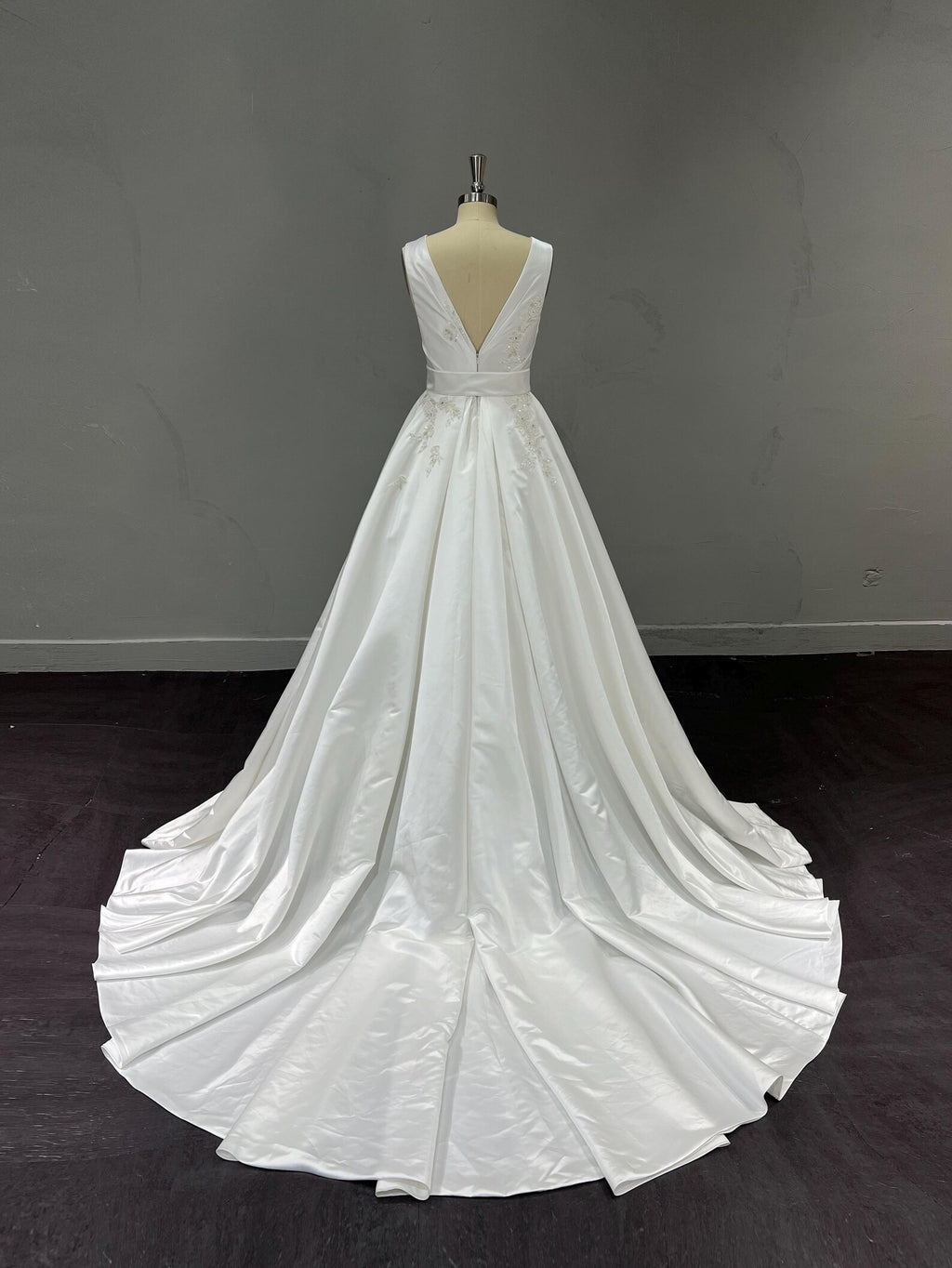 Classic V-Neck Satin Wedding Gown, Lace Embellished A-line Dress, Satin Belt Chapel Train Custom Bridal Dress