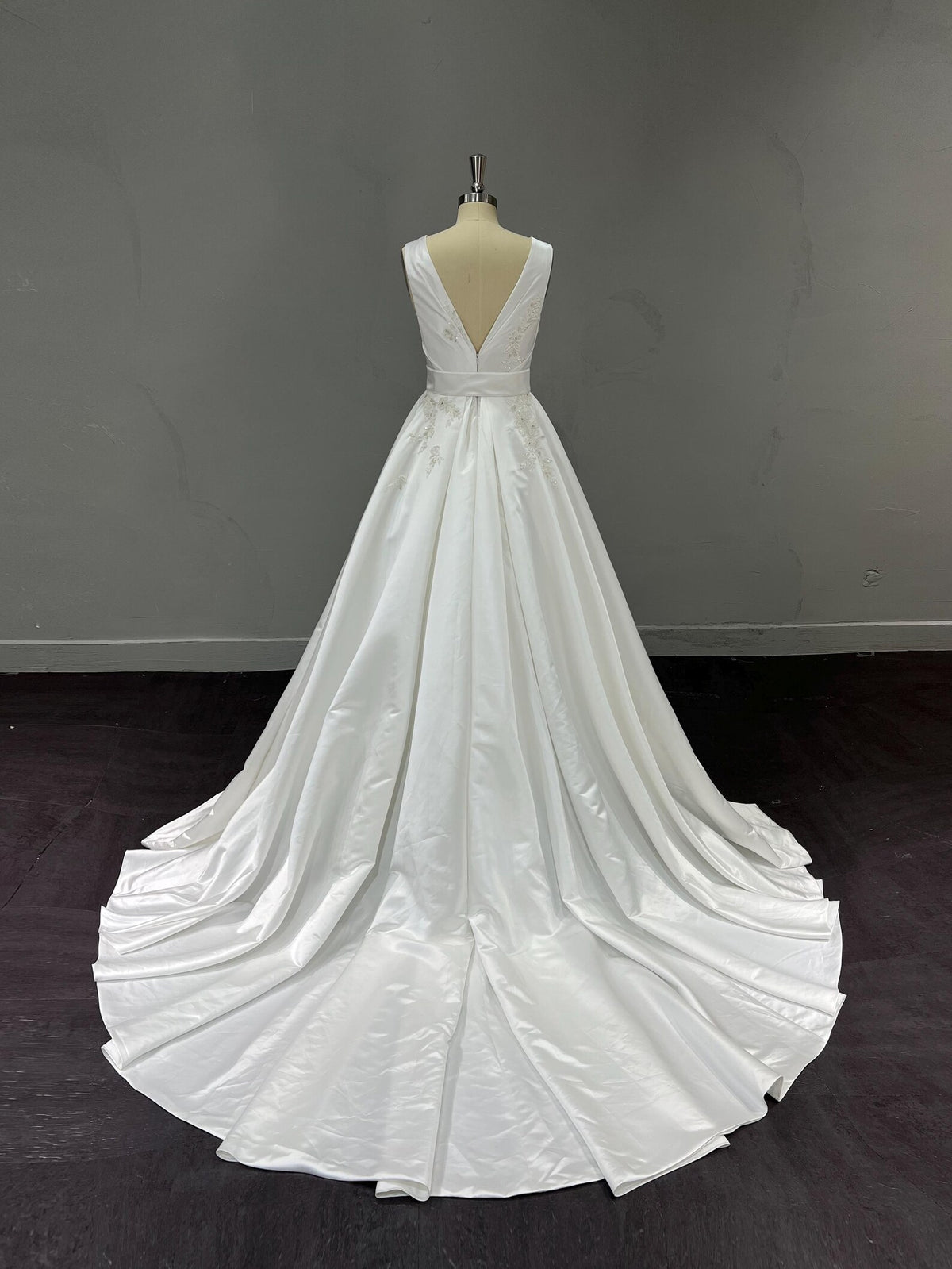 Classic V-Neck Satin Wedding Gown, Lace Embellished A-line Dress, Satin Belt Chapel Train Custom Bridal Dress