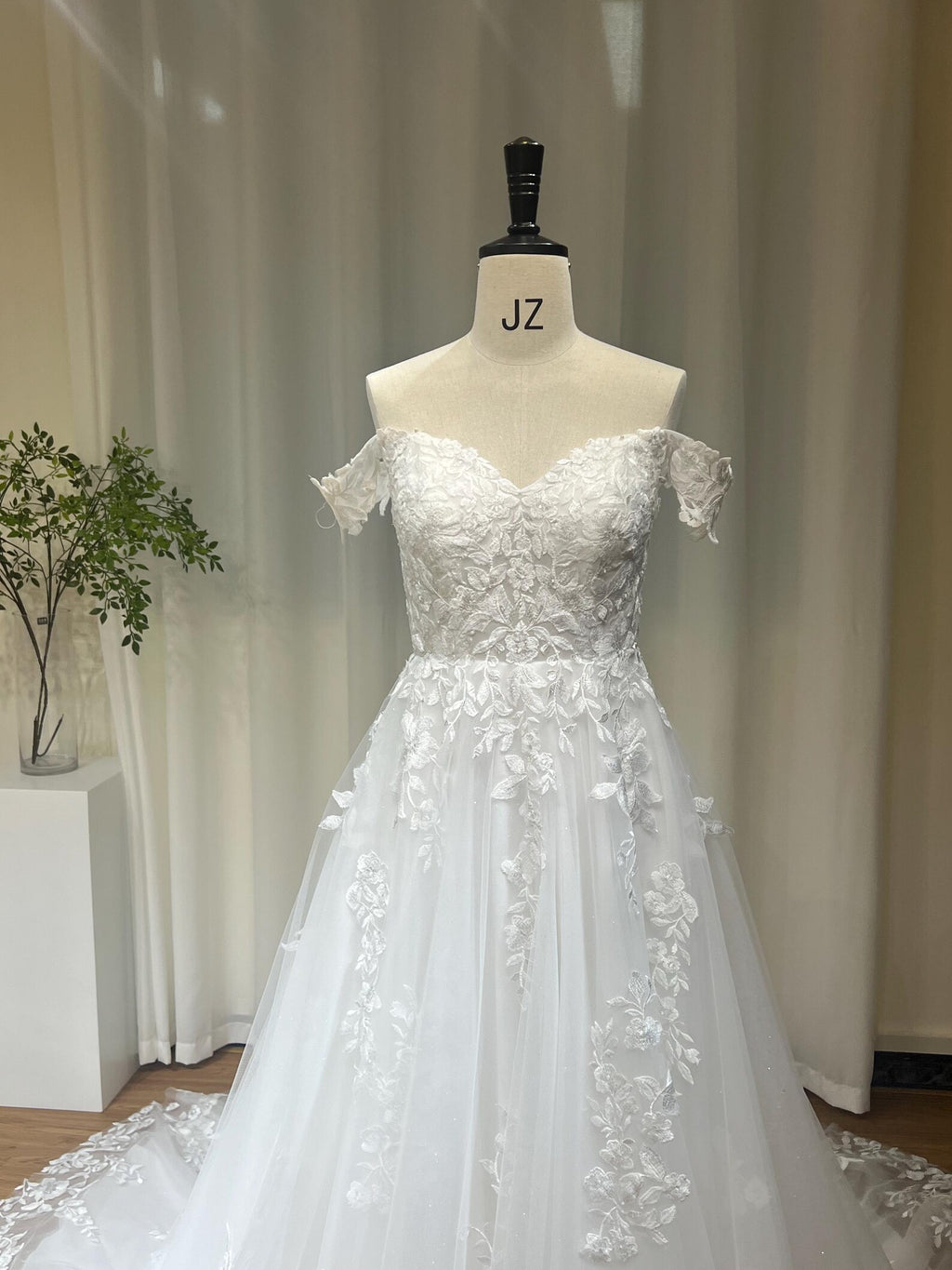 Off-the-Shoulder A-Line Wedding Dress, 3D Floral Lace Bridal Gown, Sparkle Tulle Chapel Train Wedding Gown, Custom Made Bride Dress