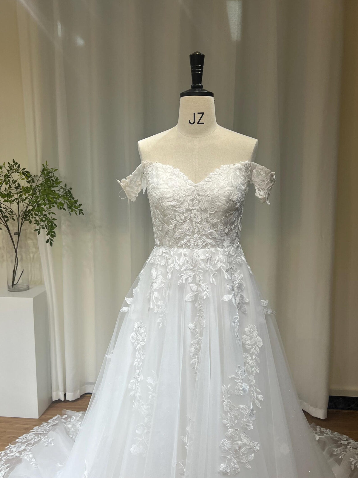 Off-the-Shoulder A-Line Wedding Dress, 3D Floral Lace Bridal Gown, Sparkle Tulle Chapel Train Wedding Gown, Custom Made Bride Dress
