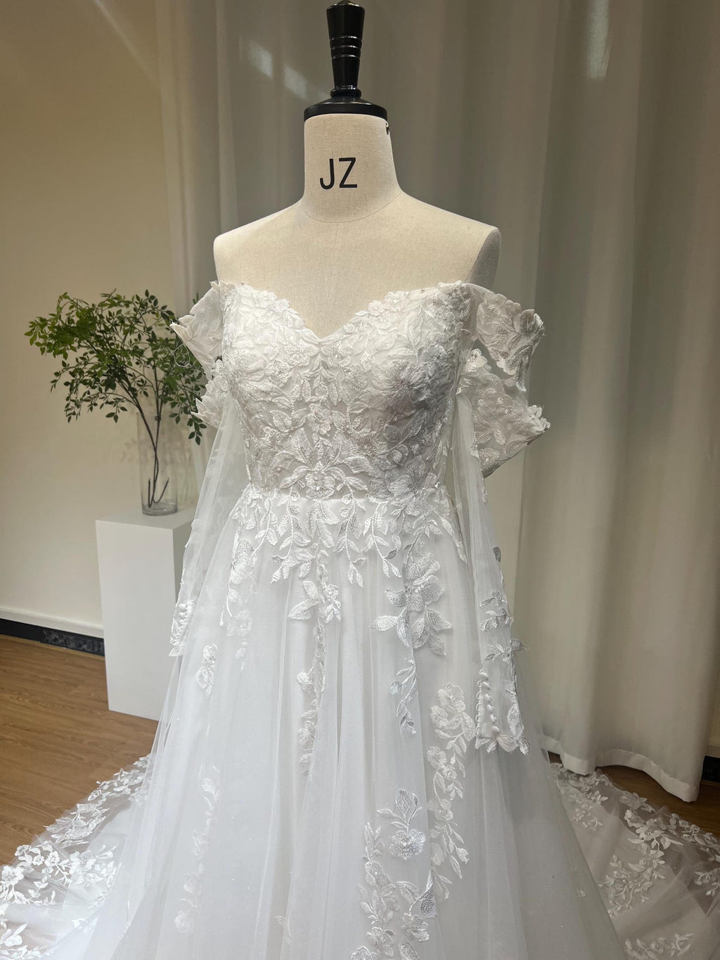 Off-the-Shoulder A-Line Wedding Dress, 3D Floral Lace Bridal Gown, Sparkle Tulle Chapel Train Wedding Gown, Custom Made Bride Dress