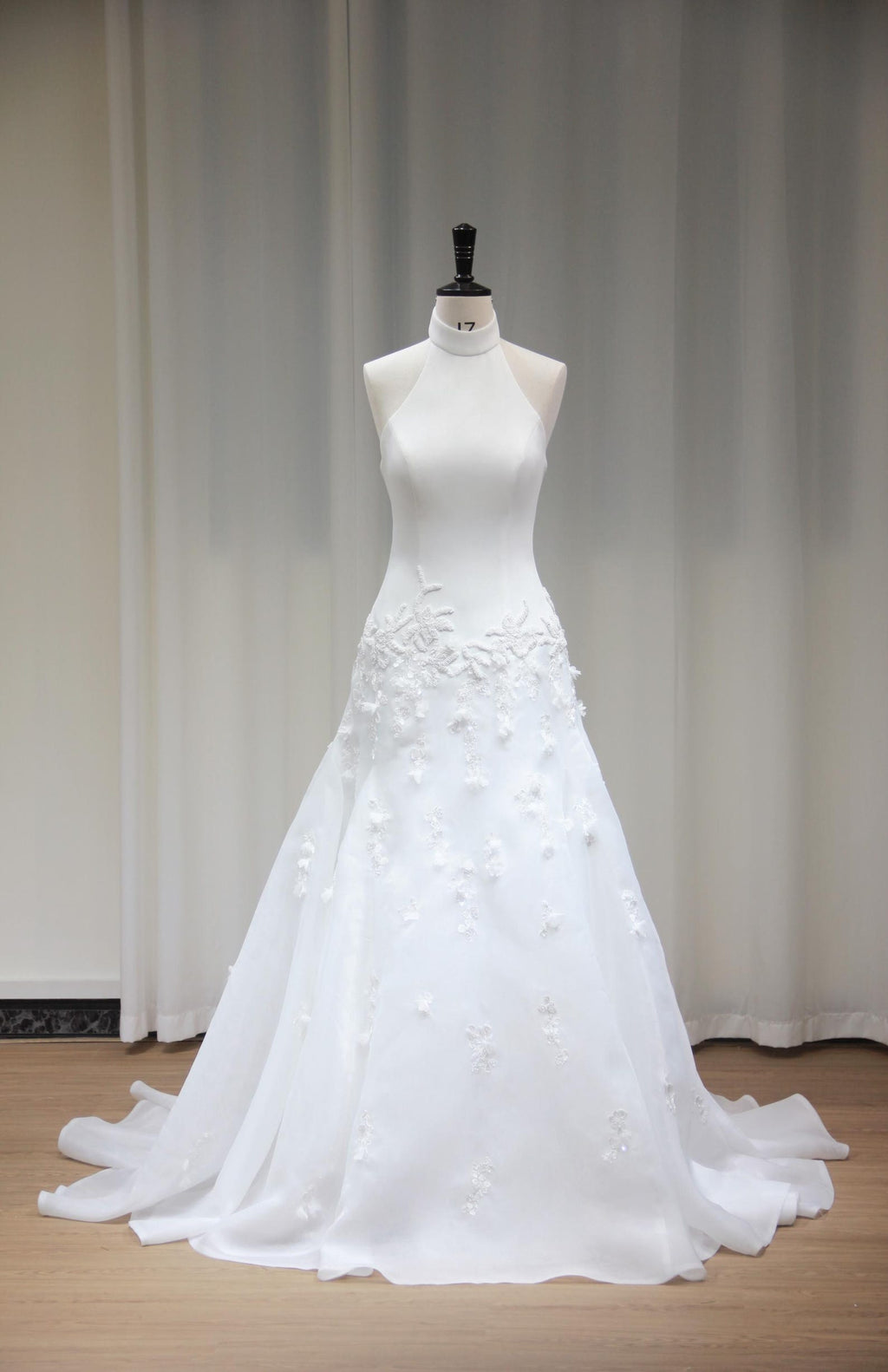High Neck Halter A-Line Wedding Dress, 3D Floral Appliqué Bridal Gown, Flowy Organza Chapel Train Wedding Gown, Custom Bride Dress