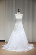 High Neck Halter A-Line Wedding Dress, 3D Floral Appliqué Bridal Gown, Flowy Organza Chapel Train Wedding Gown, Custom Bride Dress