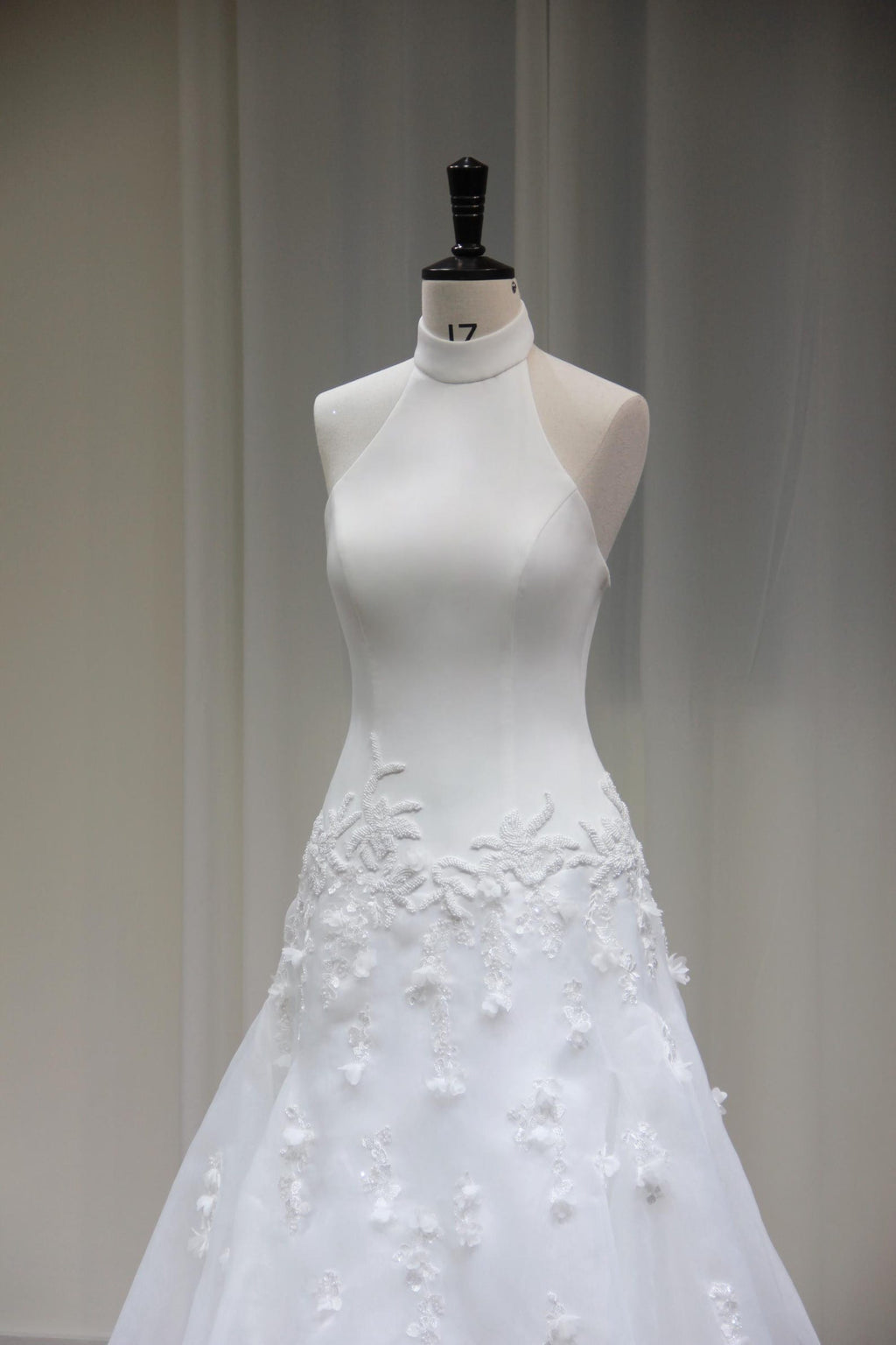 High Neck Halter A-Line Wedding Dress, 3D Floral Appliqué Bridal Gown, Flowy Organza Chapel Train Wedding Gown, Custom Bride Dress