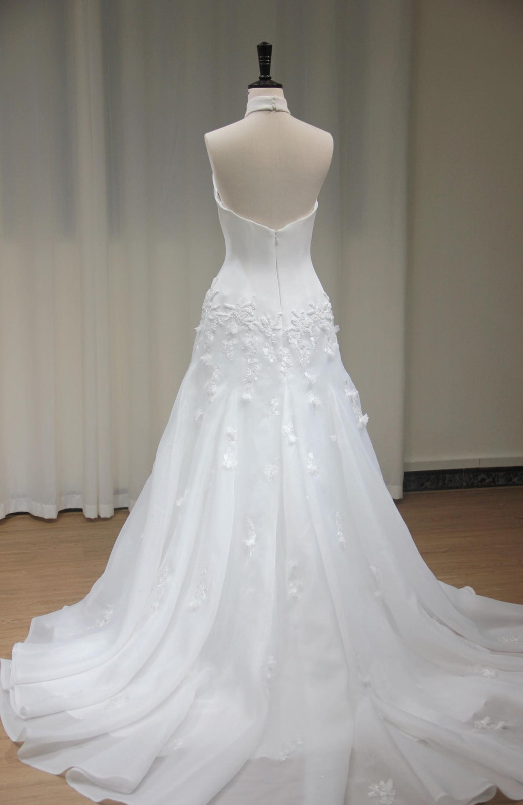 High Neck Halter A-Line Wedding Dress, 3D Floral Appliqué Bridal Gown, Flowy Organza Chapel Train Wedding Gown, Custom Bride Dress