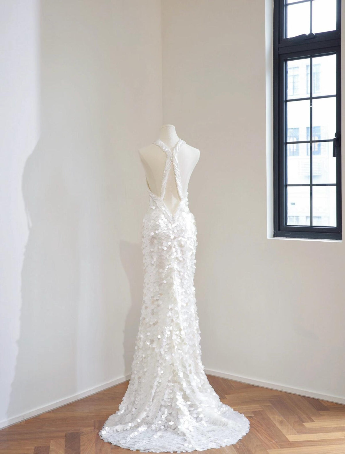 Halter Neck Sequin Mermaid Wedding Dress, Ivory Beaded Bridal Gown, Open Back Fit and Flare, Glamorous Reception Gown