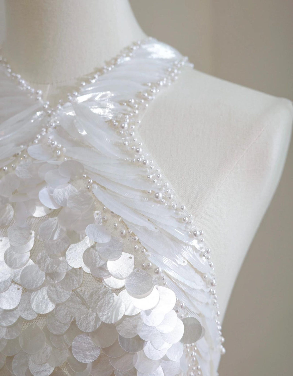 Halter Neck Sequin Mermaid Wedding Dress, Ivory Beaded Bridal Gown, Open Back Fit and Flare, Glamorous Reception Gown