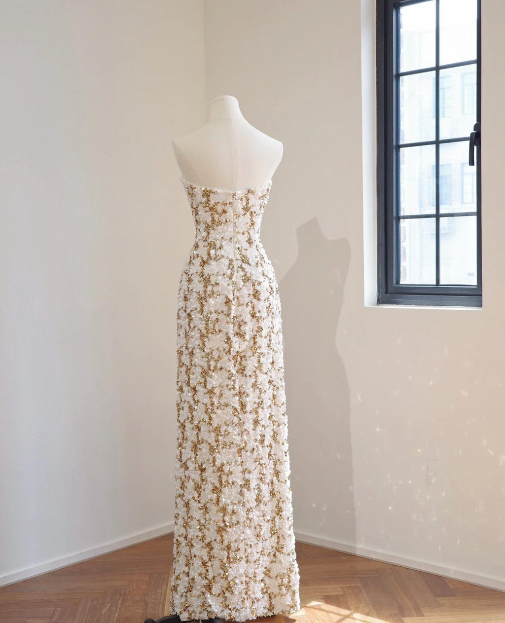 Luxury Strapless Gold Beaded Wedding Gown, 3D White Floral Sequin Sheath Dress, Sparkly Hand Embellished Custom Bridal Gown