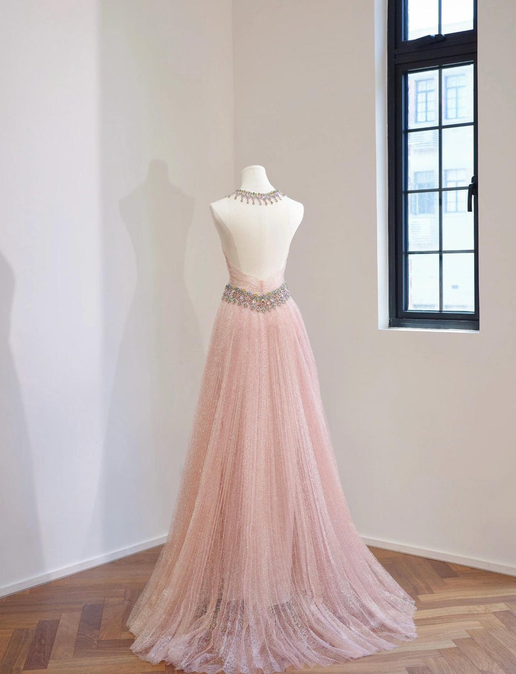 Luxury Halter Neck Pink Tulle Formal Gown, Colorful Crystal Beaded A-line Evening Dress, Custom Floor Length Prom Gown