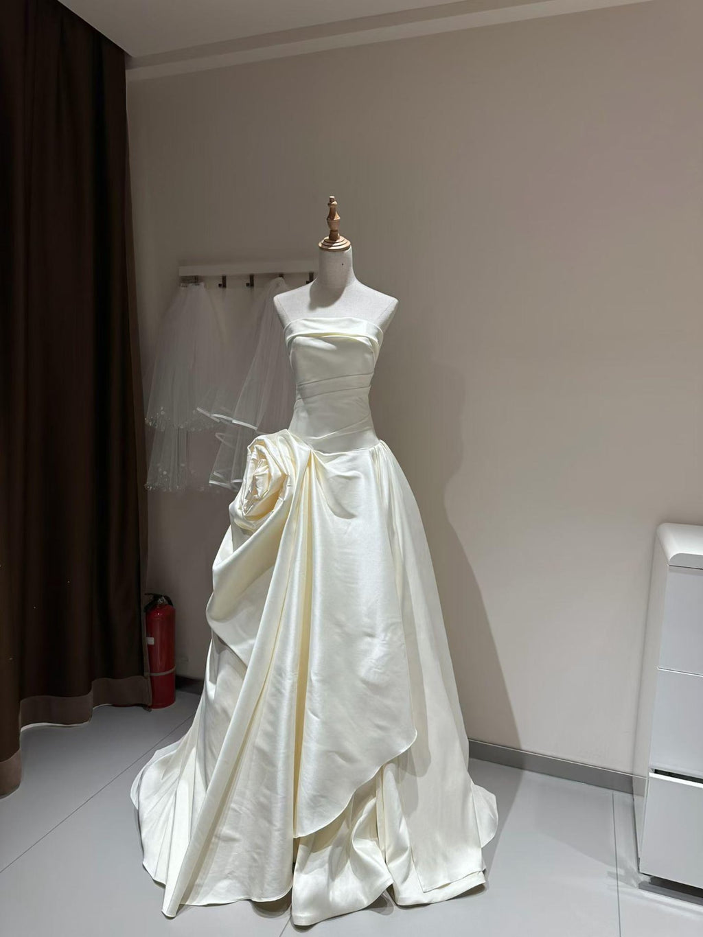 Strapless Draped Satin A-Line Wedding Dress, Oversized 3D Flower Bridal Gown, Chapel Train Modern Couture Wedding Gown, Custom Bride Dress