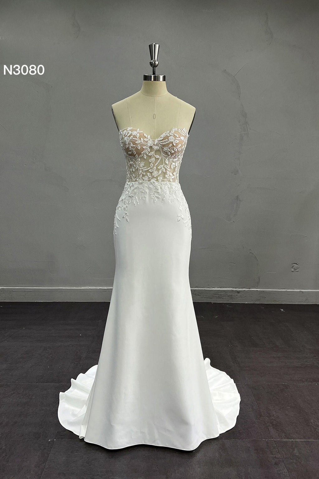 Strapless Illusion Lace Tulle Ballgown Wedding Dress, 3D Floral Embroidery, Sweetheart Neck, Custom Bridal Gown with Train