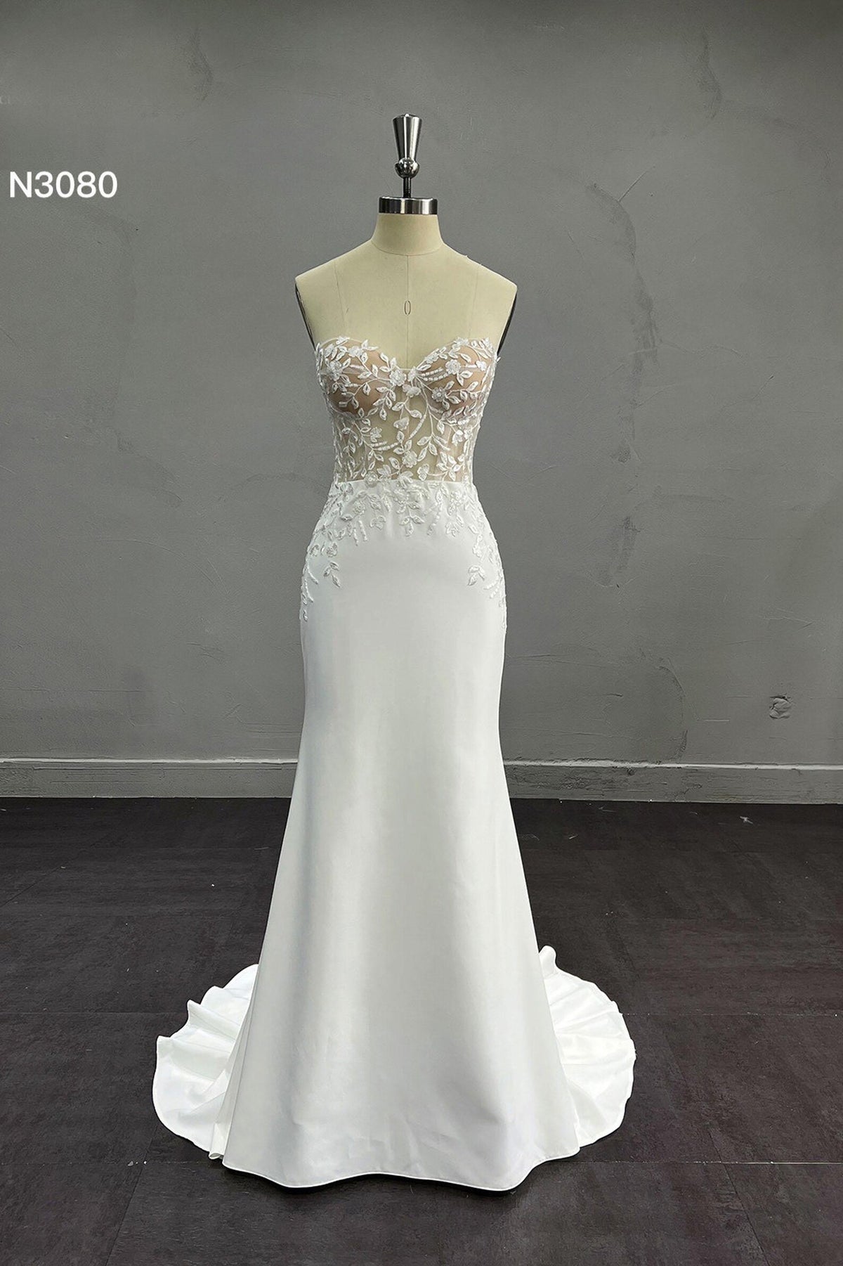 Strapless Illusion Lace Tulle Ballgown Wedding Dress, 3D Floral Embroidery, Sweetheart Neck, Custom Bridal Gown with Train
