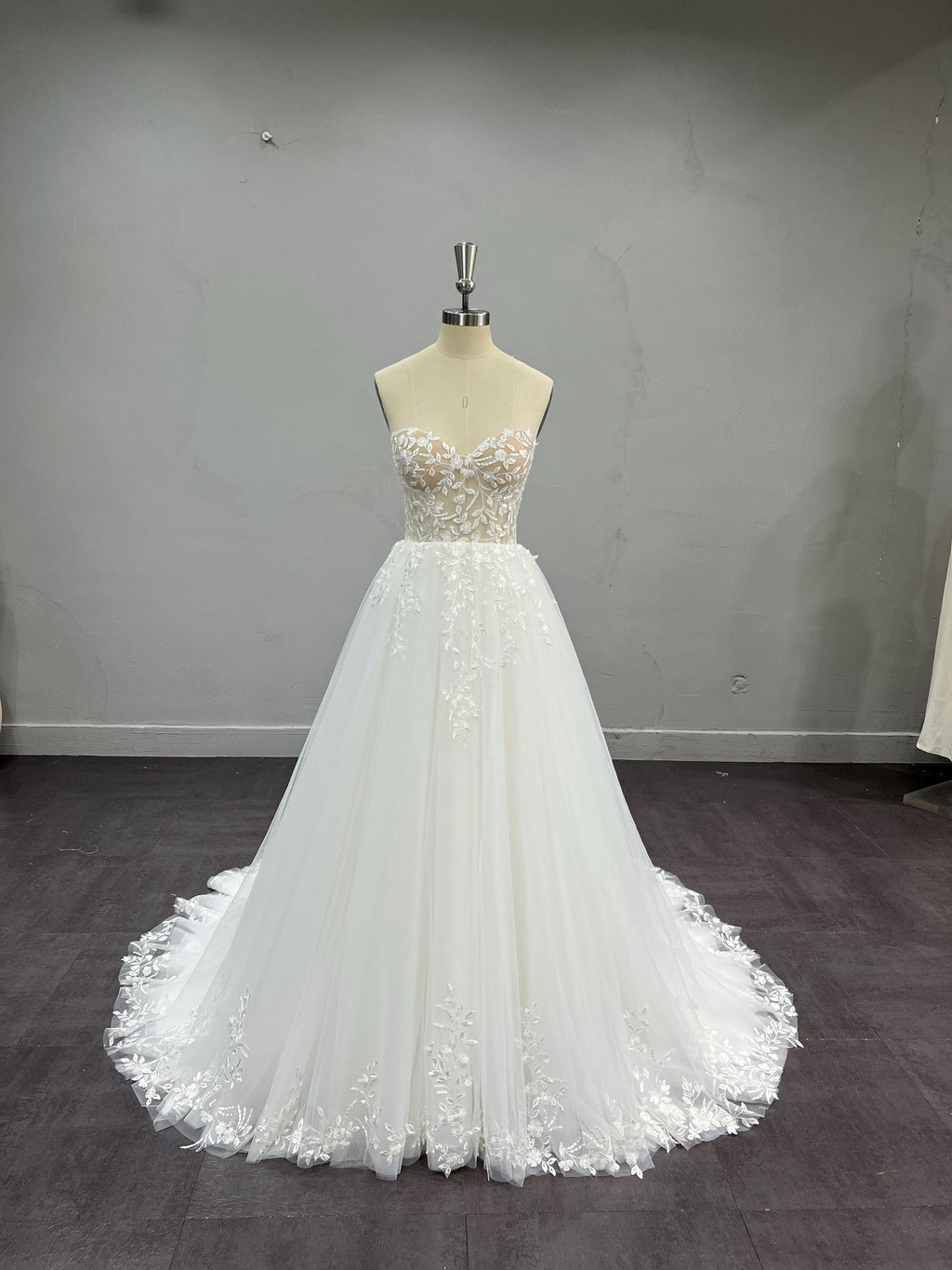 Strapless Illusion Lace Tulle Ballgown Wedding Dress, 3D Floral Embroidery, Sweetheart Neck, Custom Bridal Gown with Train