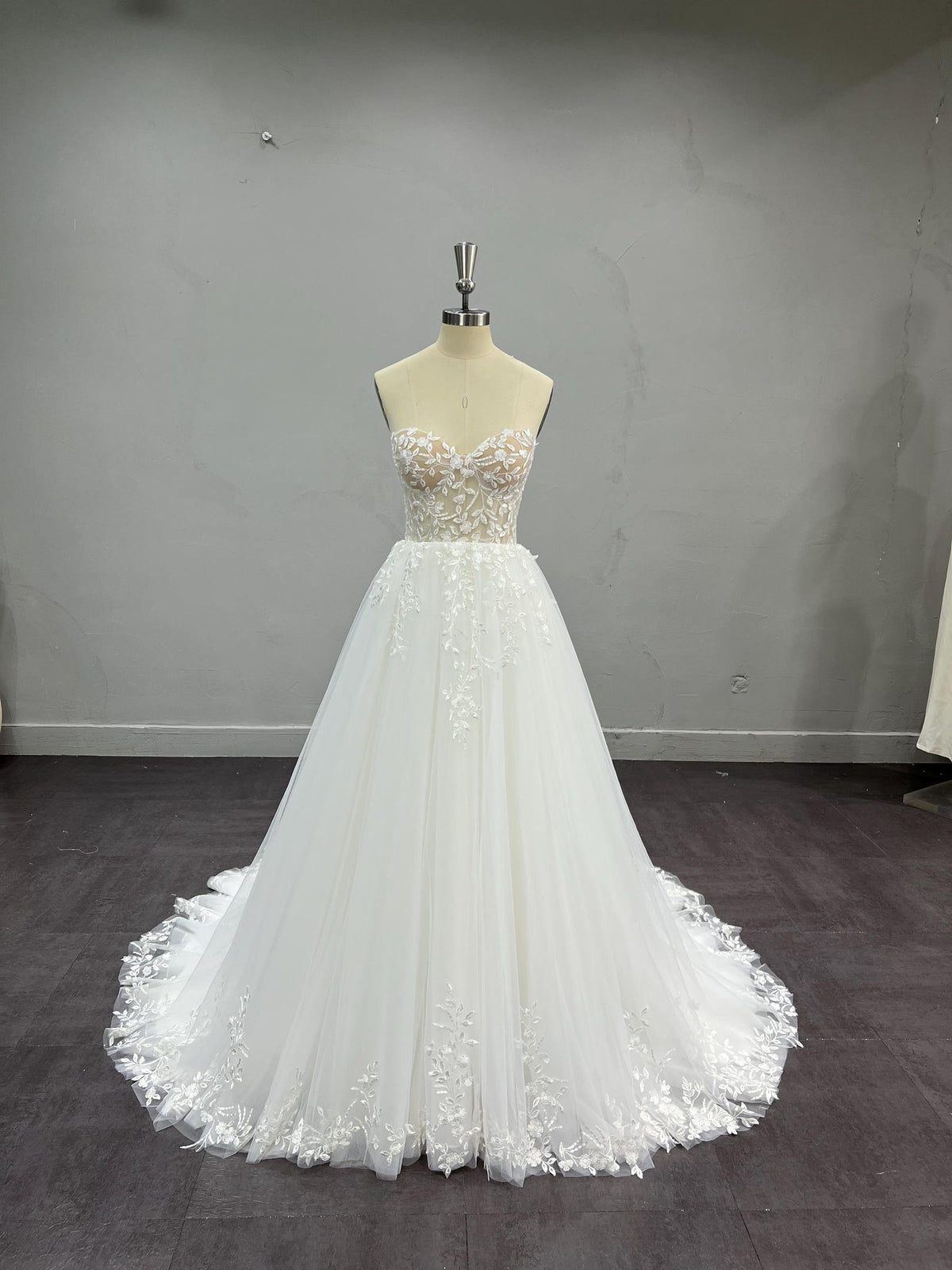 Strapless Illusion Lace Tulle Ballgown Wedding Dress, 3D Floral Embroidery, Sweetheart Neck, Custom Bridal Gown with Train