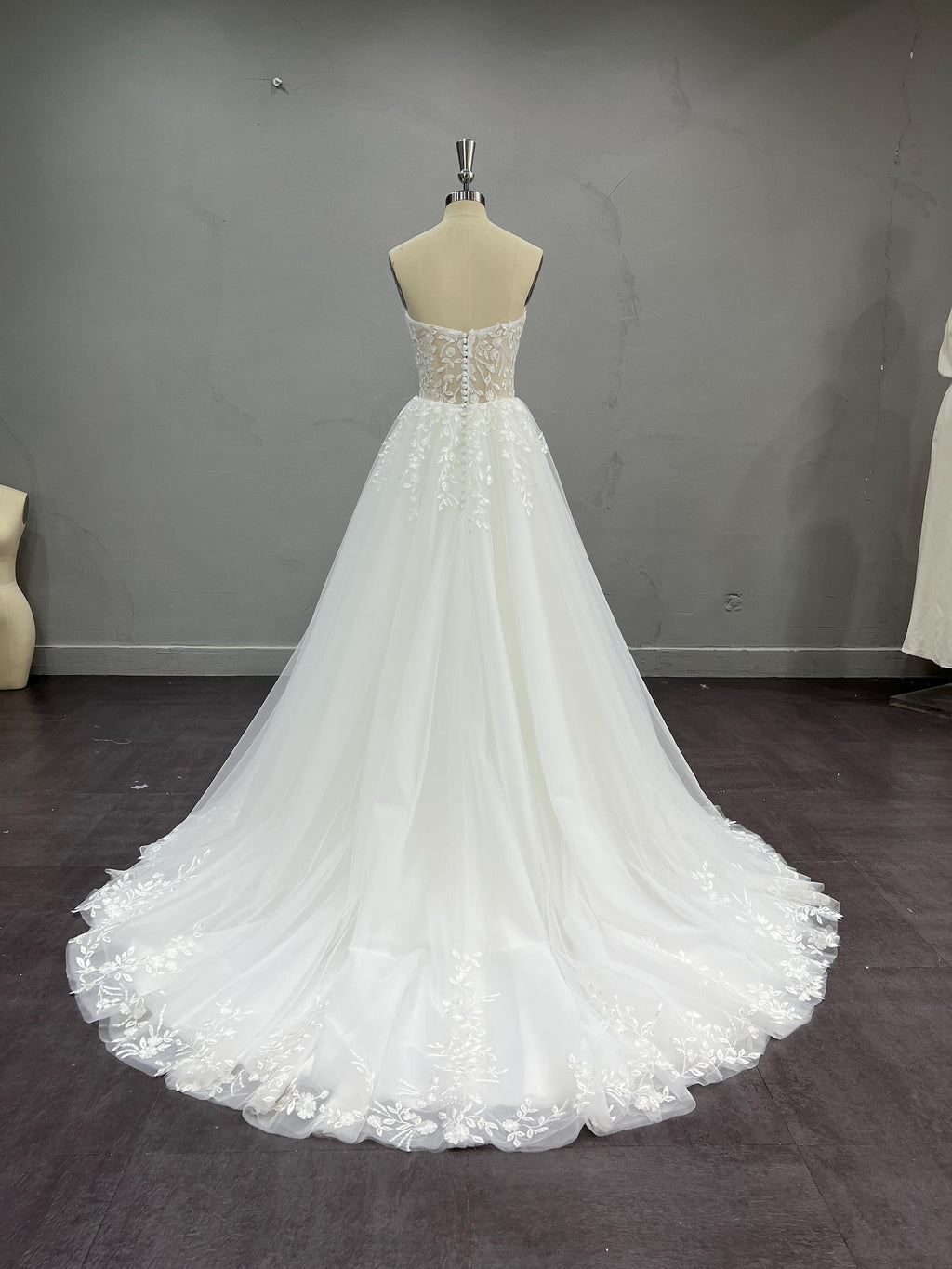 Strapless Illusion Lace Tulle Ballgown Wedding Dress, 3D Floral Embroidery, Sweetheart Neck, Custom Bridal Gown with Train