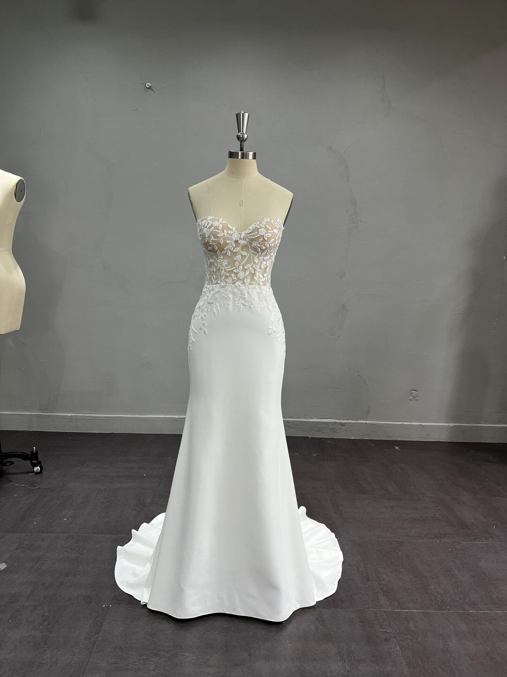 Strapless Illusion Lace Tulle Ballgown Wedding Dress, 3D Floral Embroidery, Sweetheart Neck, Custom Bridal Gown with Train