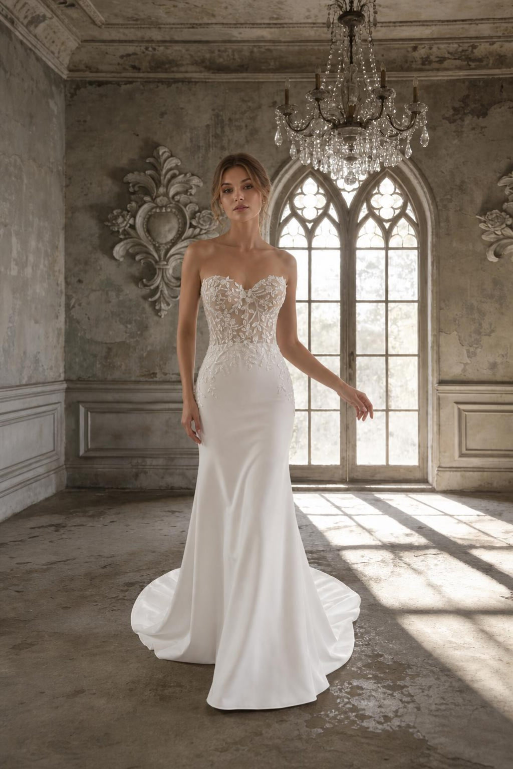 Strapless Illusion Lace Tulle Ballgown Wedding Dress, 3D Floral Embroidery, Sweetheart Neck, Custom Bridal Gown with Train