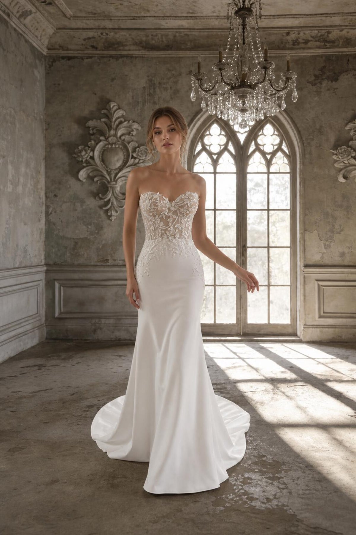 Strapless Illusion Lace Tulle Ballgown Wedding Dress, 3D Floral Embroidery, Sweetheart Neck, Custom Bridal Gown with Train