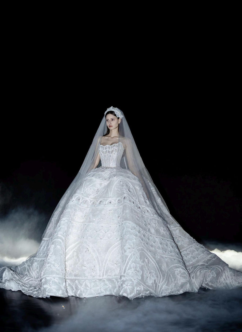 Luxury Strapless Ballgown Wedding Dress, Heavy Lace Embroidered Bridal Gown With Long Train