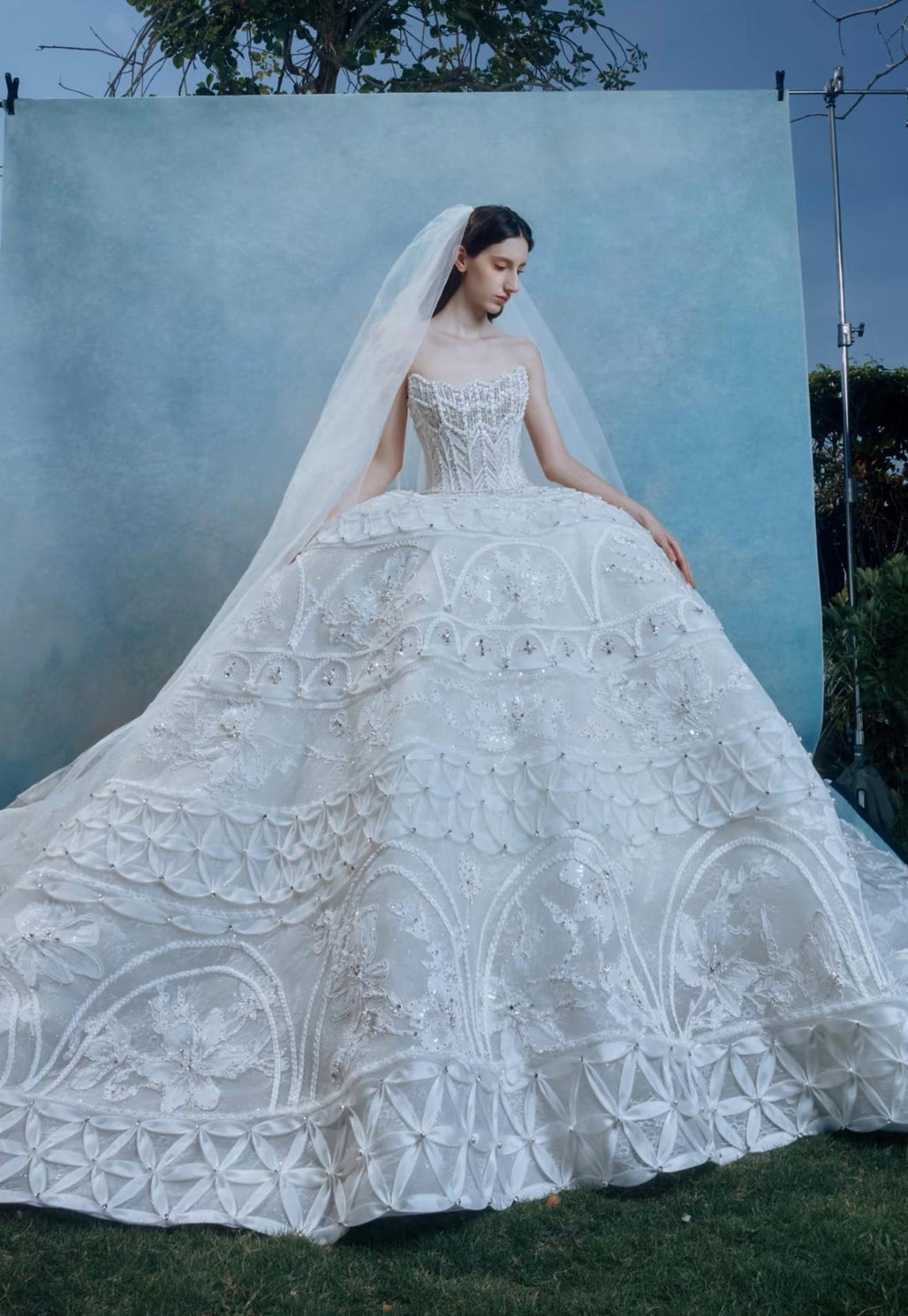 Luxury Strapless Ballgown Wedding Dress, Heavy Lace Embroidered Bridal Gown With Long Train