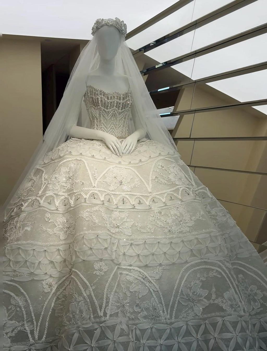Luxury Strapless Ballgown Wedding Dress, Heavy Lace Embroidered Bridal Gown With Long Train