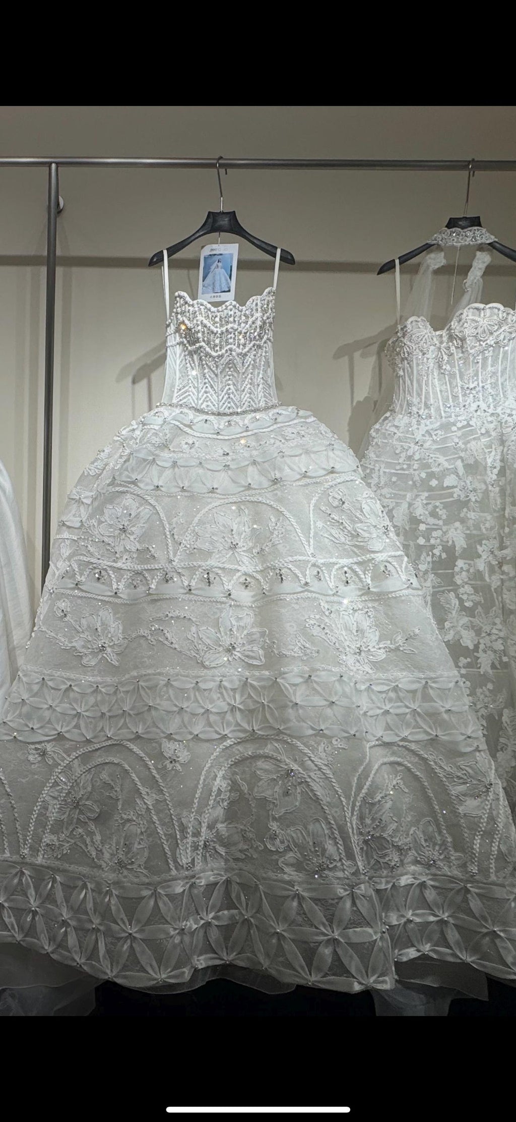 Luxury Strapless Ballgown Wedding Dress, Heavy Lace Embroidered Bridal Gown With Long Train