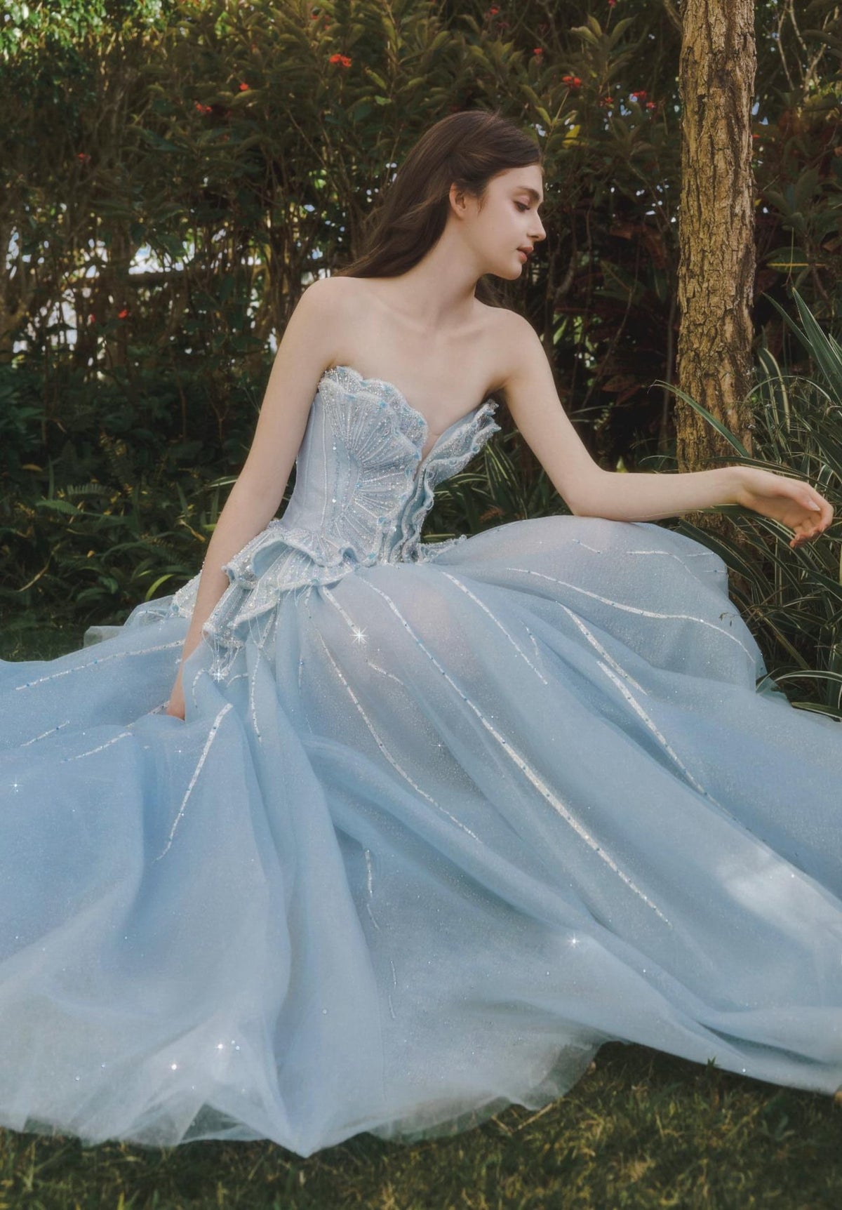 Light Blue Shell Strapless Ballgown, Sparkle Tulle Formal Evening Prom Gown