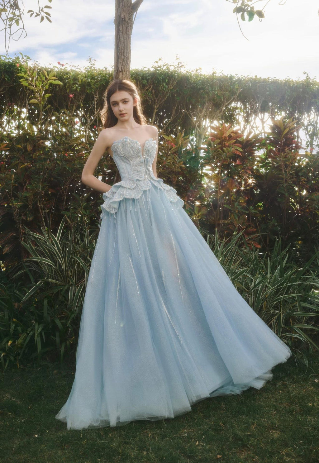 Light Blue Shell Strapless Ballgown, Sparkle Tulle Formal Evening Prom Gown