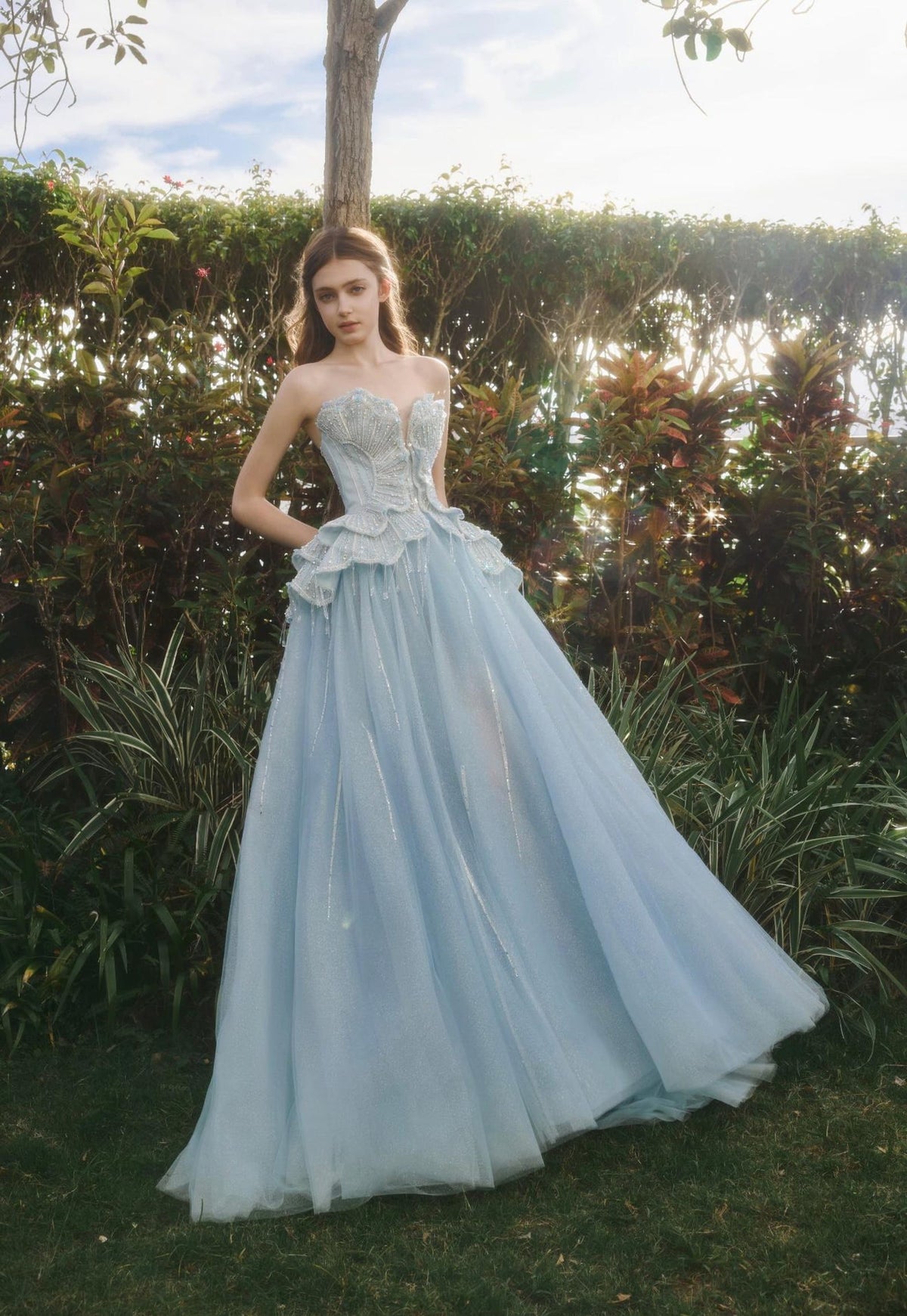 Light Blue Shell Strapless Ballgown, Sparkle Tulle Formal Evening Prom Gown