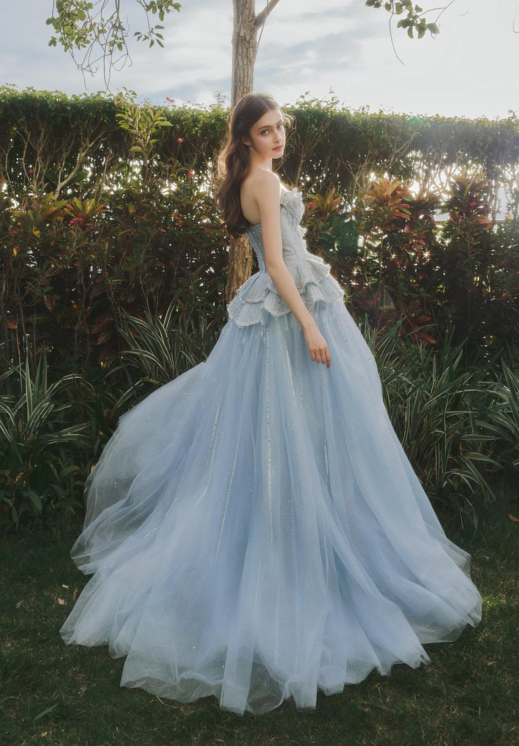 Light Blue Shell Strapless Ballgown, Sparkle Tulle Formal Evening Prom Gown