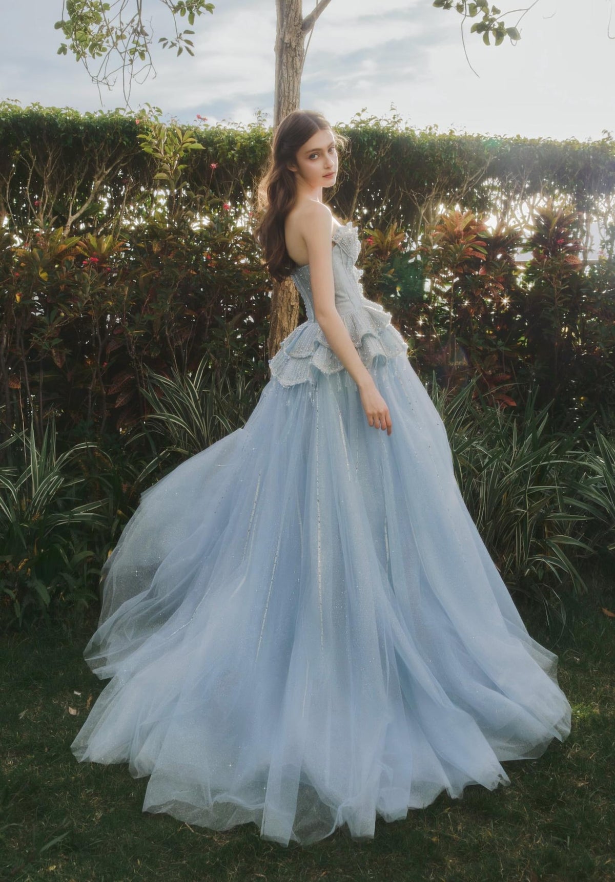 Light Blue Shell Strapless Ballgown, Sparkle Tulle Formal Evening Prom Gown