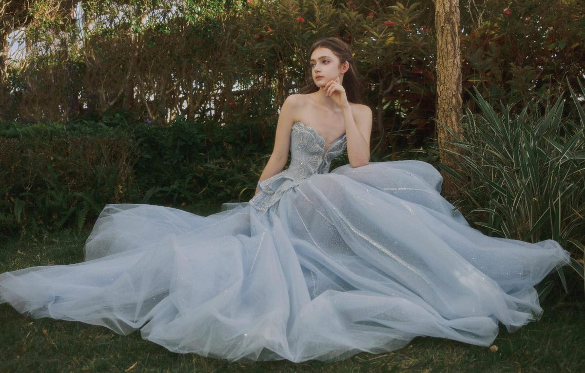 Light Blue Shell Strapless Ballgown, Sparkle Tulle Formal Evening Prom Gown