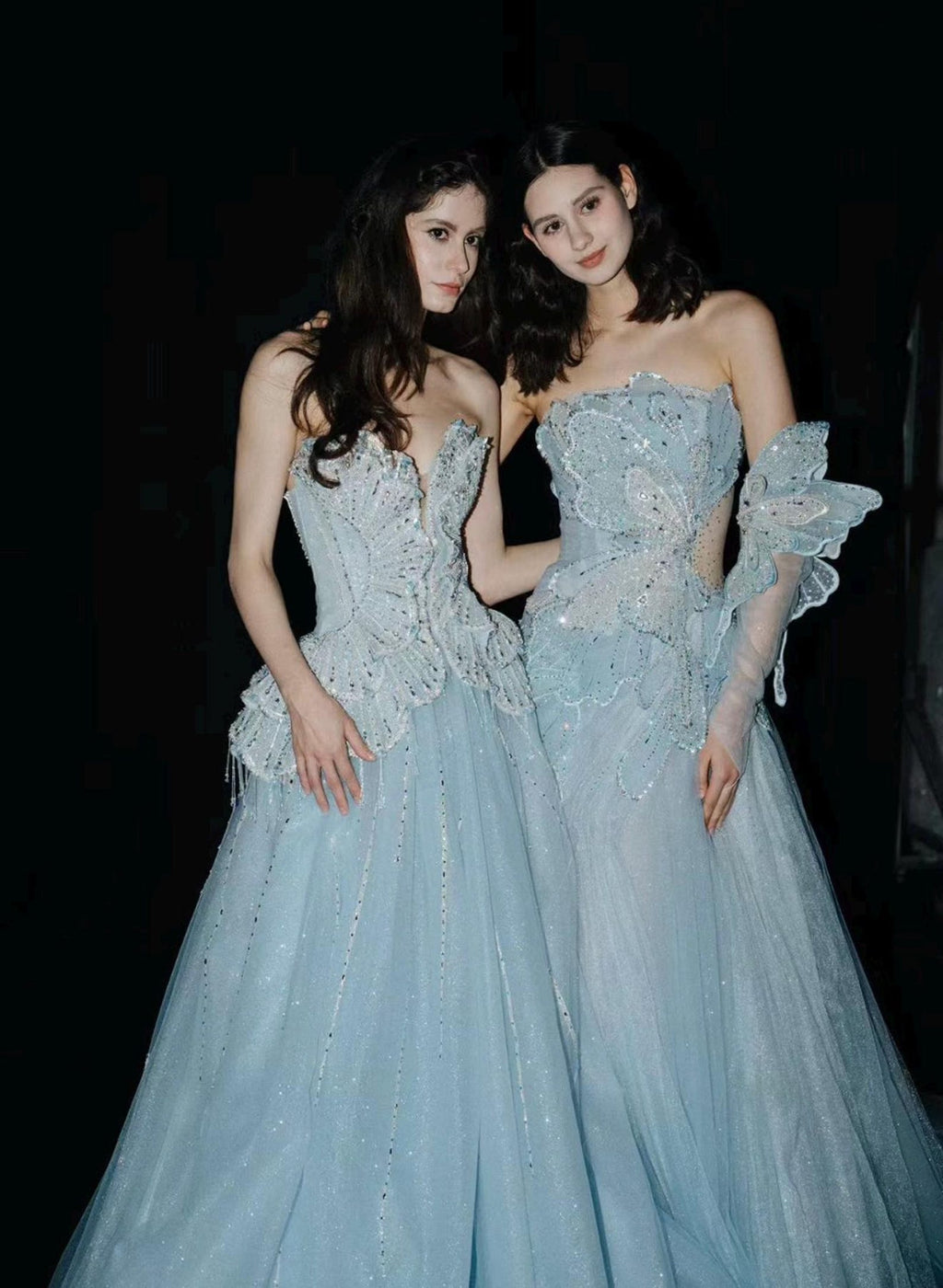 Light Blue Shell Strapless Ballgown, Sparkle Tulle Formal Evening Prom Gown