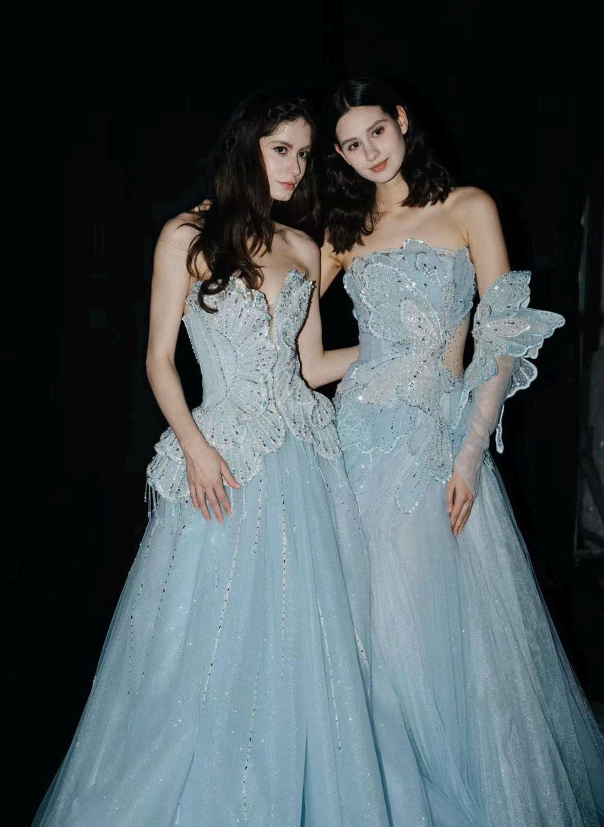 Light Blue Shell Strapless Ballgown, Sparkle Tulle Formal Evening Prom Gown