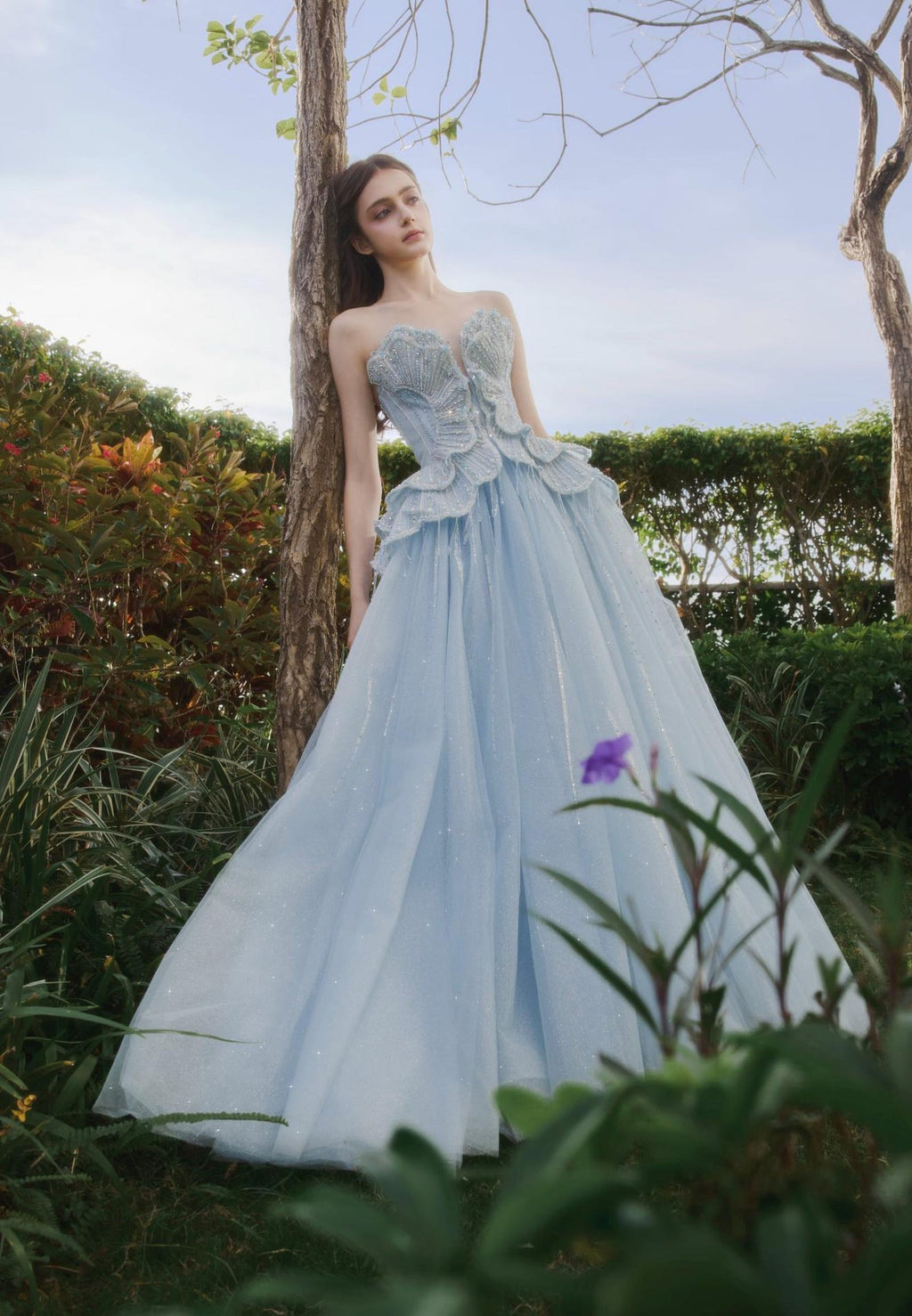 Light Blue Shell Strapless Ballgown, Sparkle Tulle Formal Evening Prom Gown