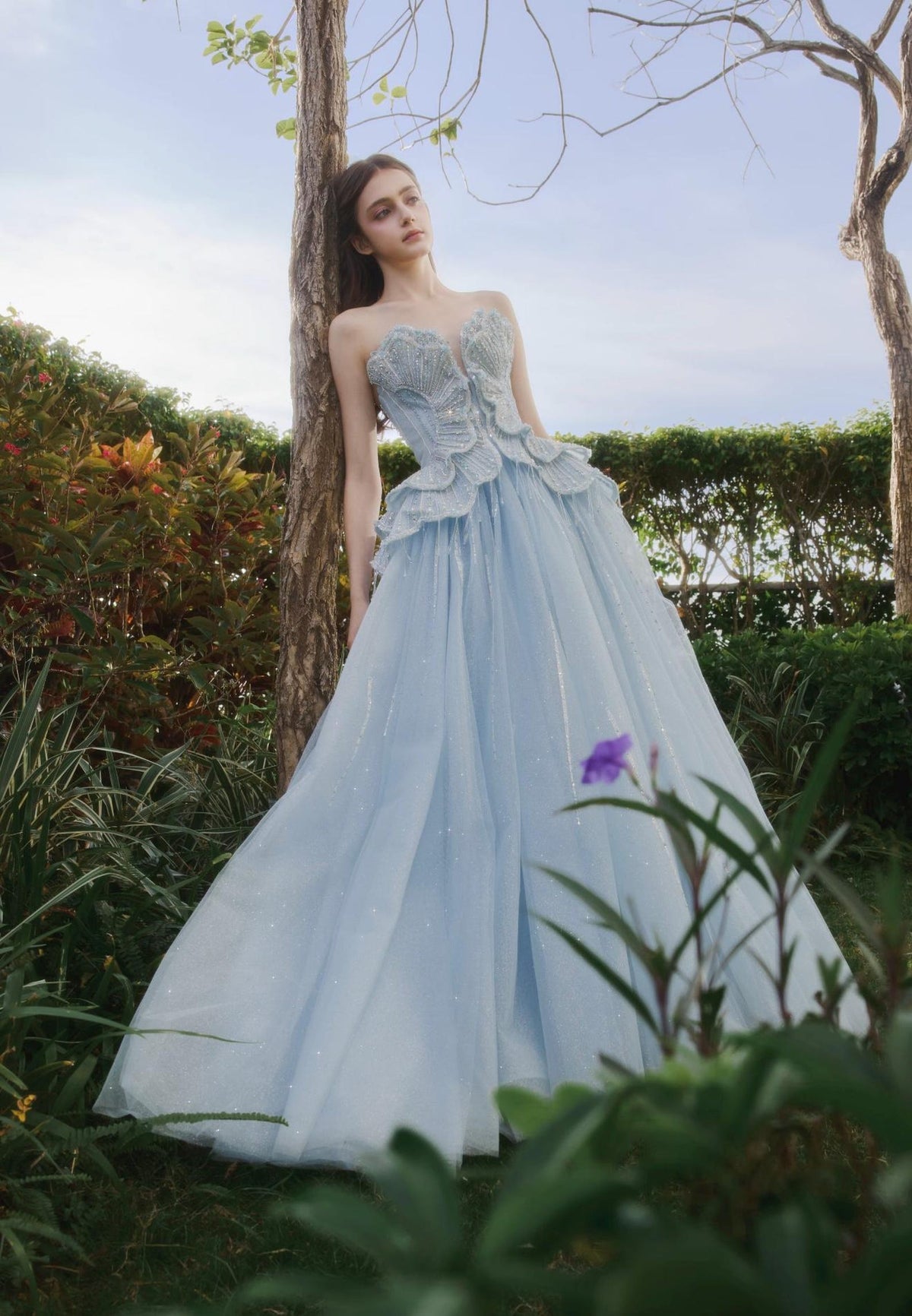 Light Blue Shell Strapless Ballgown, Sparkle Tulle Formal Evening Prom Gown