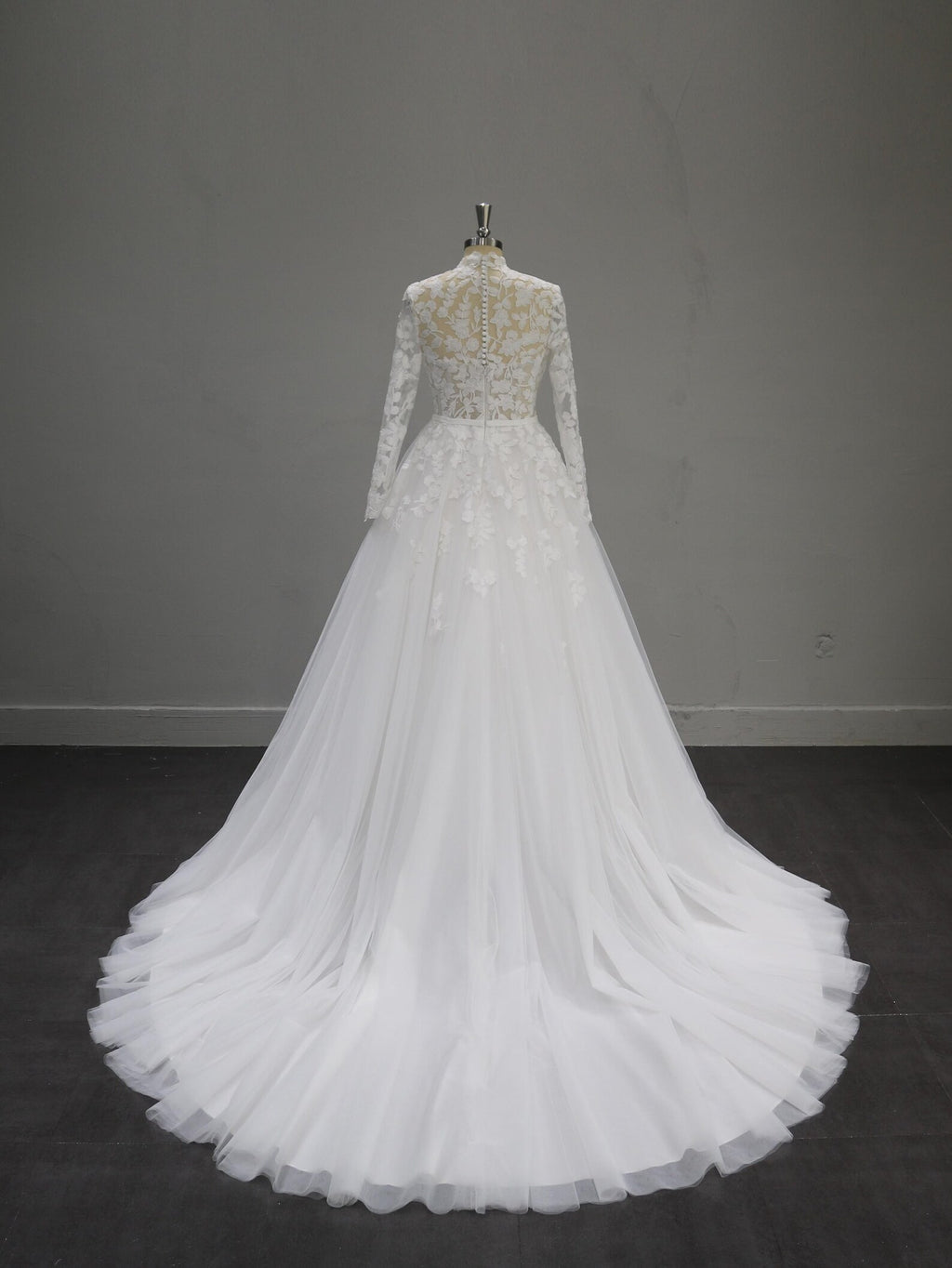 High Neck Long Sleeve Lace Wedding Dress, 3D Floral Tulle Ballgown Bridal Gown, Sheer Bodice Custom Wedding Gown
