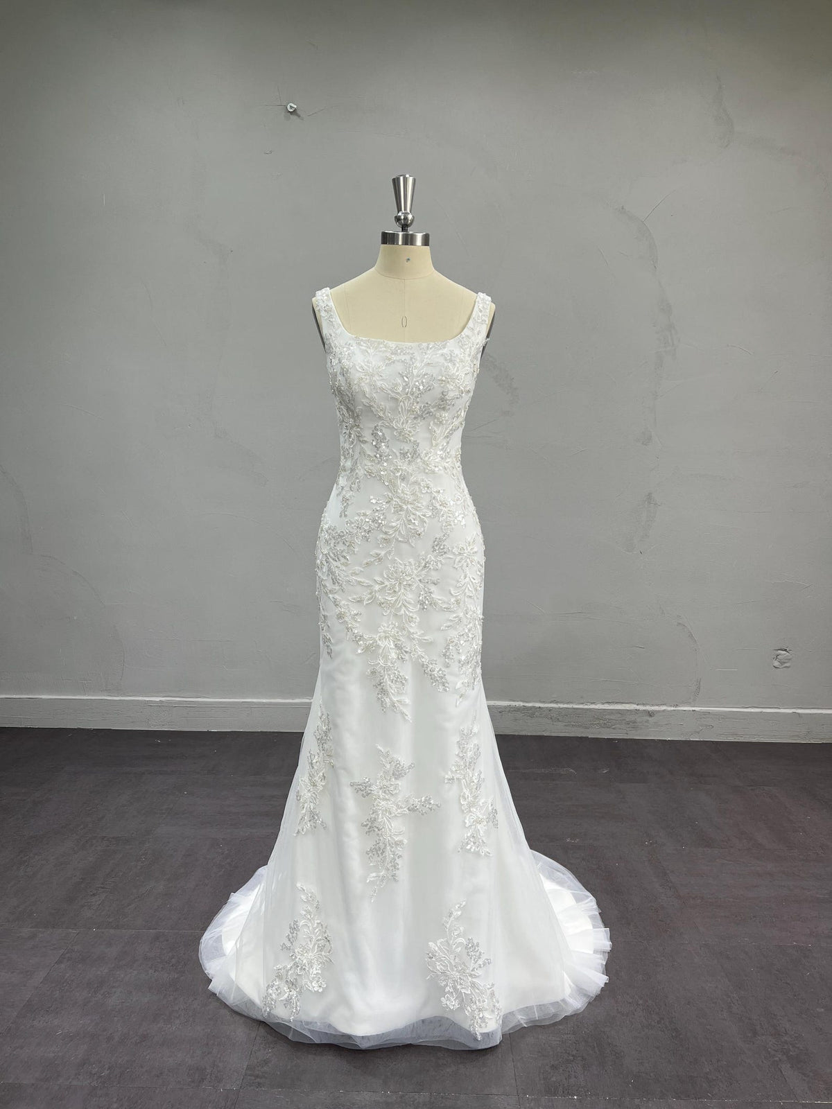Strapless Draped Satin Mermaid Wedding Dress, 3D Floral Detachable Tulle Overskirt Bridal Gown, Custom Wedding Gown