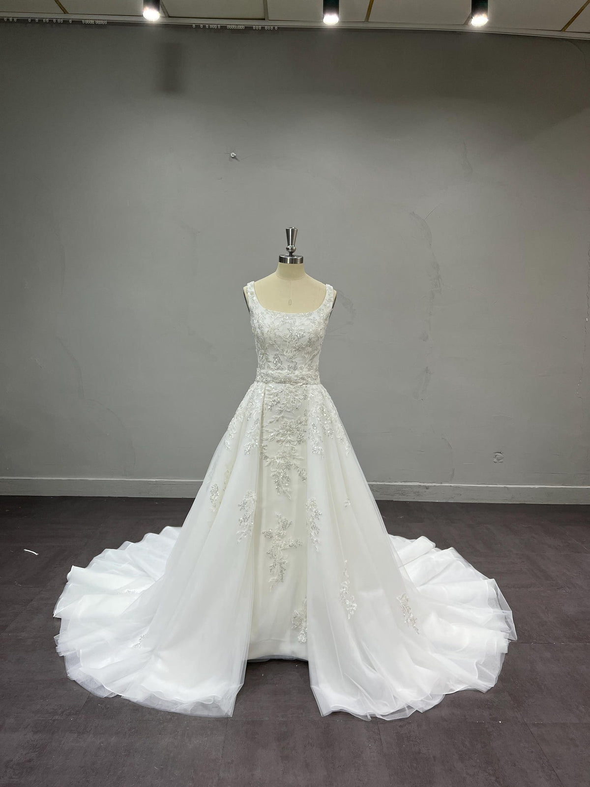 Strapless Draped Satin Mermaid Wedding Dress, 3D Floral Detachable Tulle Overskirt Bridal Gown, Custom Wedding Gown