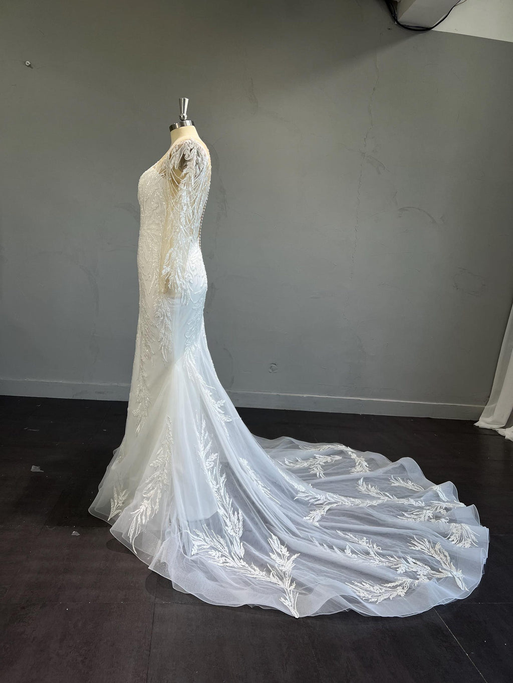 Long Sleeve Illusion Mermaid Wedding Dress, Deep V Beaded Lace Bridal Gown, Leaf Embroidery Tulle Train Custom Wedding Gown