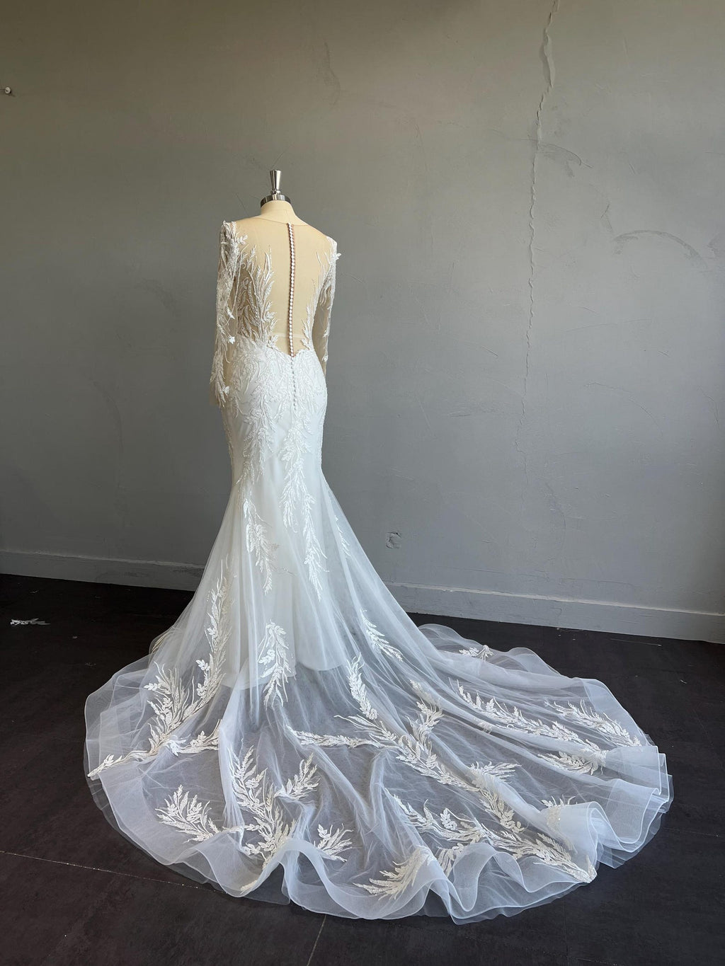Long Sleeve Illusion Mermaid Wedding Dress, Deep V Beaded Lace Bridal Gown, Leaf Embroidery Tulle Train Custom Wedding Gown