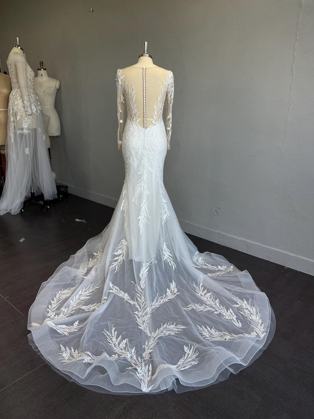 Long Sleeve Illusion Mermaid Wedding Dress, Deep V Beaded Lace Bridal Gown, Leaf Embroidery Tulle Train Custom Wedding Gown