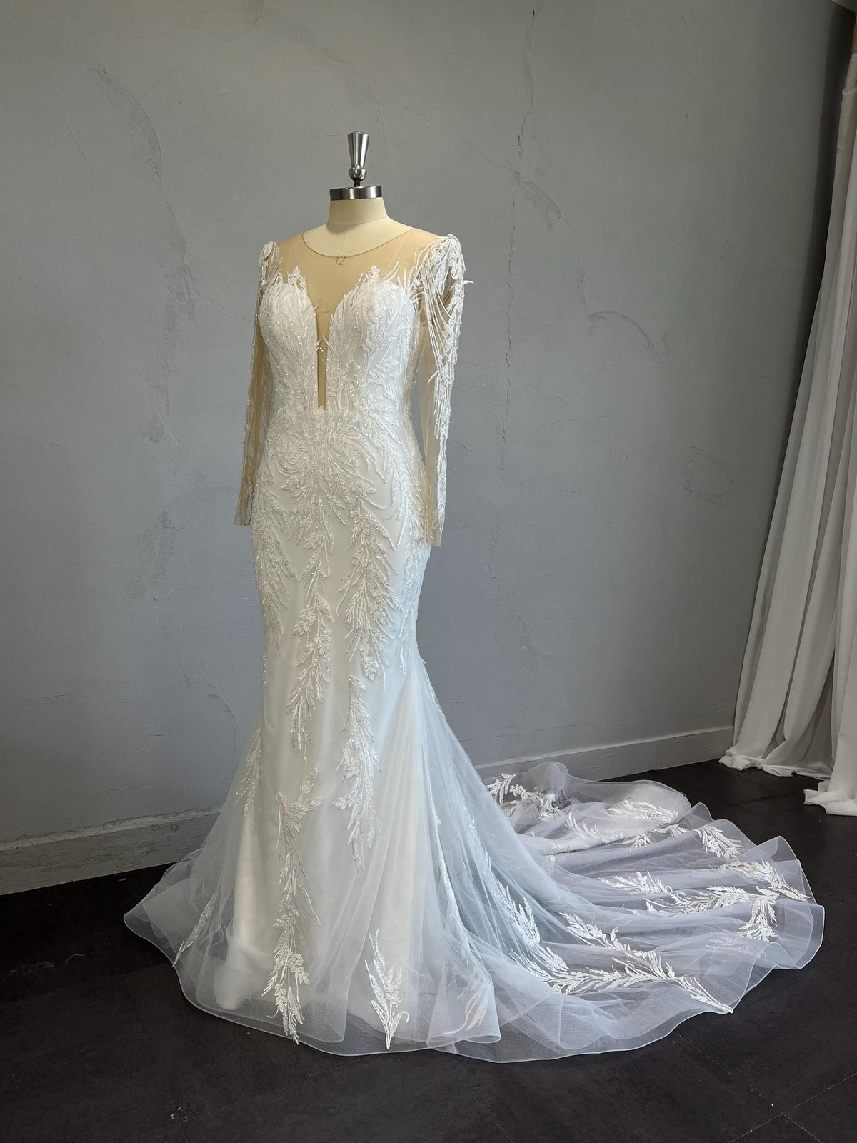 Long Sleeve Illusion Mermaid Wedding Dress, Deep V Beaded Lace Bridal Gown, Leaf Embroidery Tulle Train Custom Wedding Gown